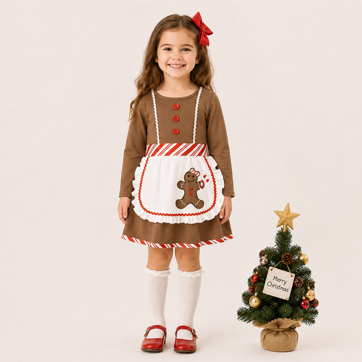 （In Stock）Girls Christmas Gingerbread Applique Cotton Dress