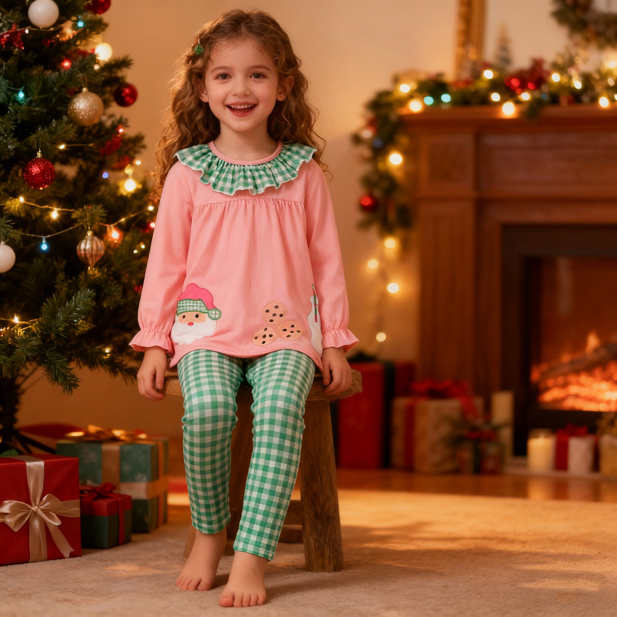 （In Stock）Girls Christmas Applique Outfit Set