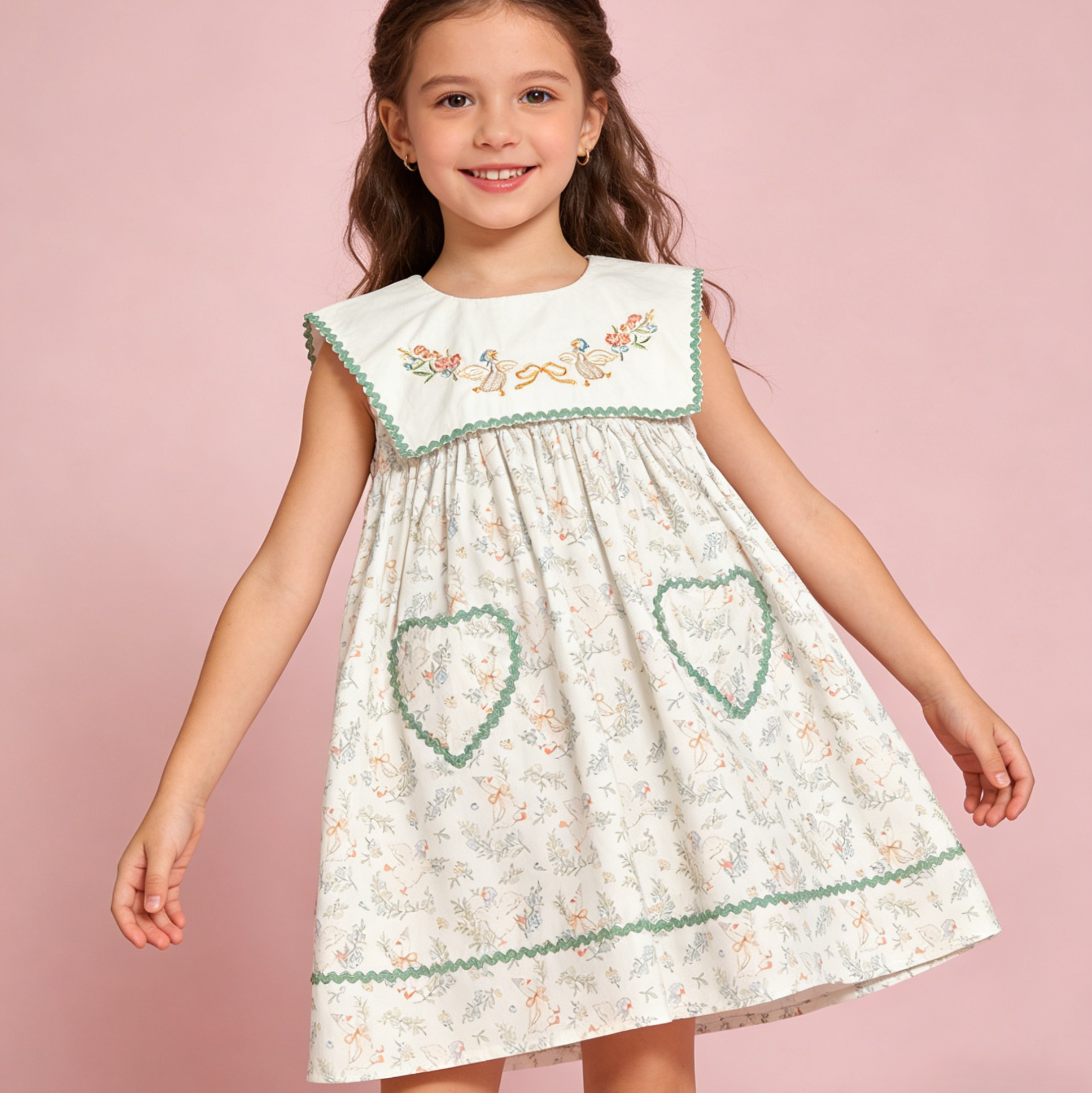 （In Production）Girls Spring&Summer Goose Embroidery Dress