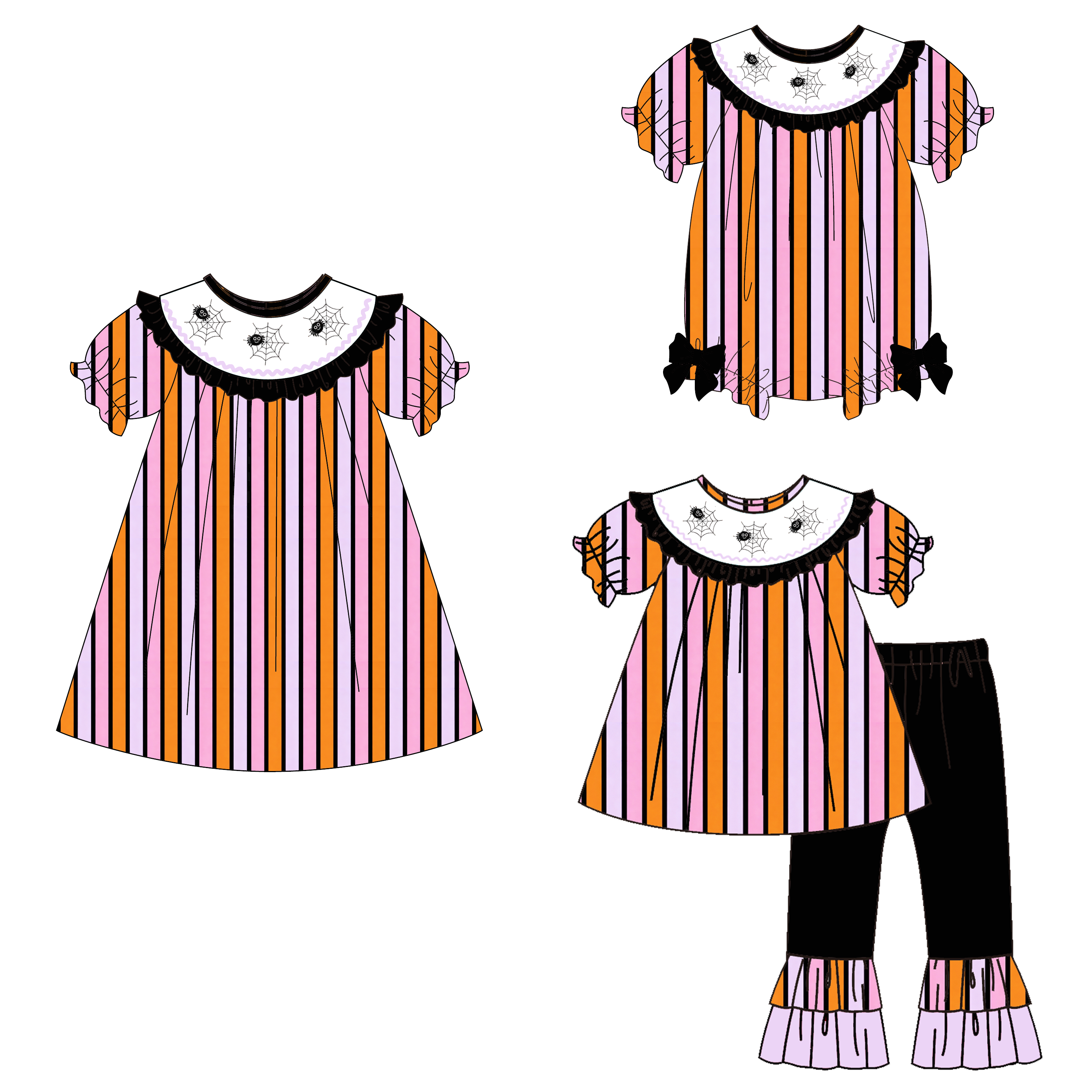 （Pre Order）Girls Halloween Embroidery Smocked Dress,Set&Romper