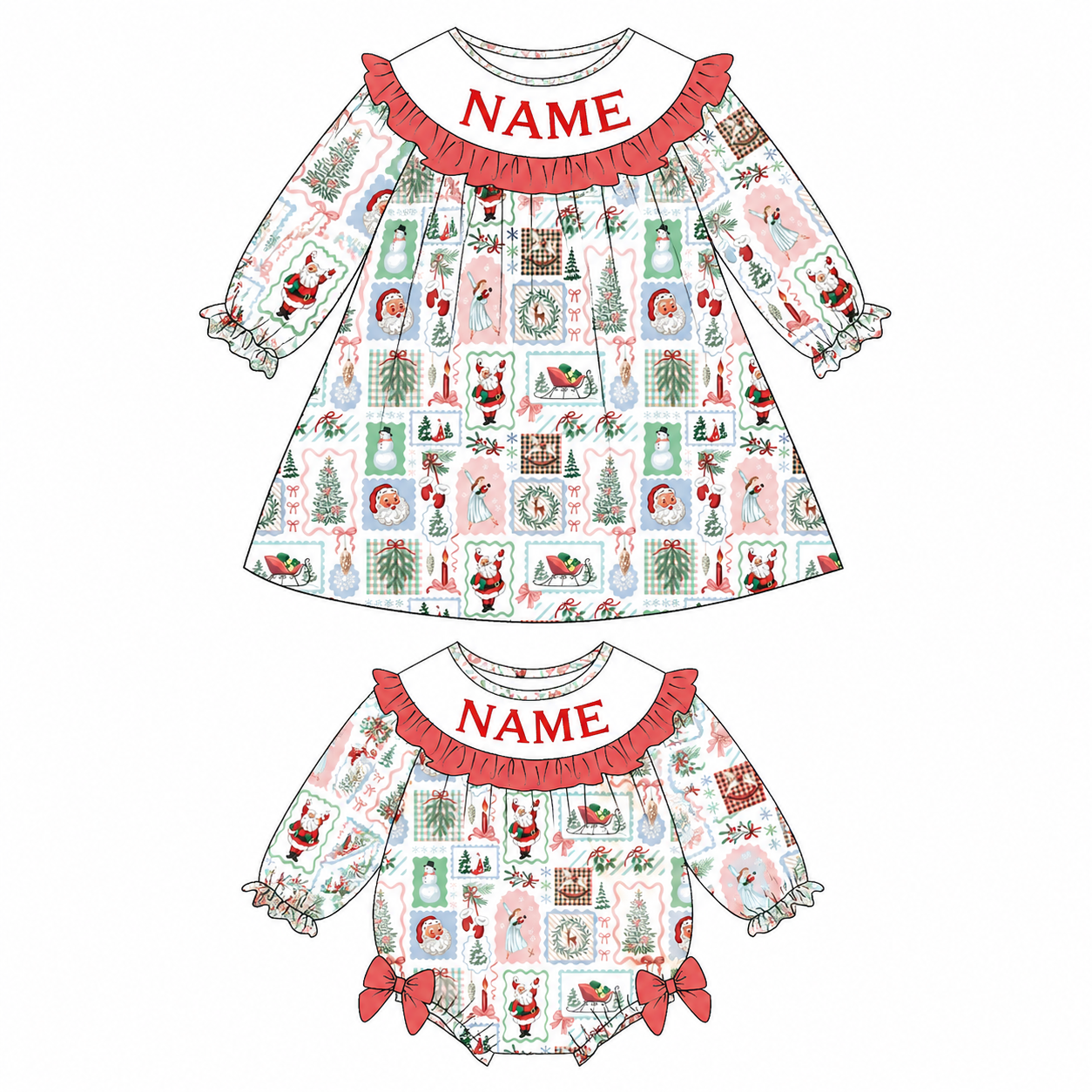 （Pre Order）Sisters Christmas Embroidery Smocked Dress,Set&Romper