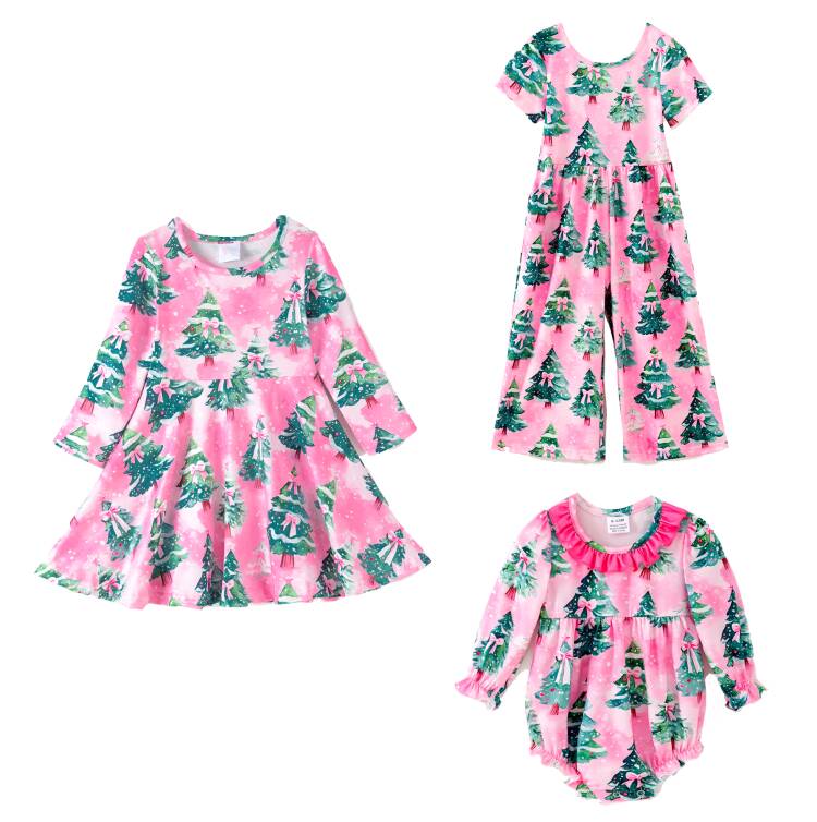 （Pre Order,Prepack Zone）Girls Christmas Tree Print Dress&Romper