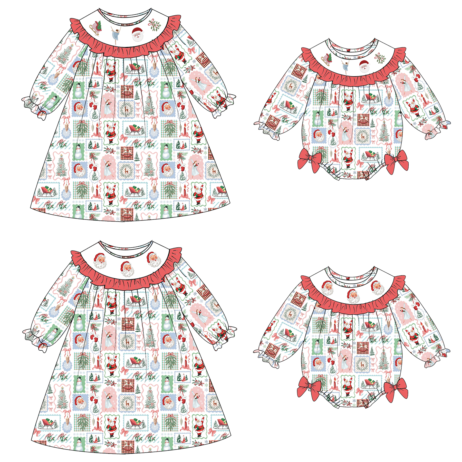 （Pre Order）Sisters Christmas Embroidery Smocked Dress,Set&Romper