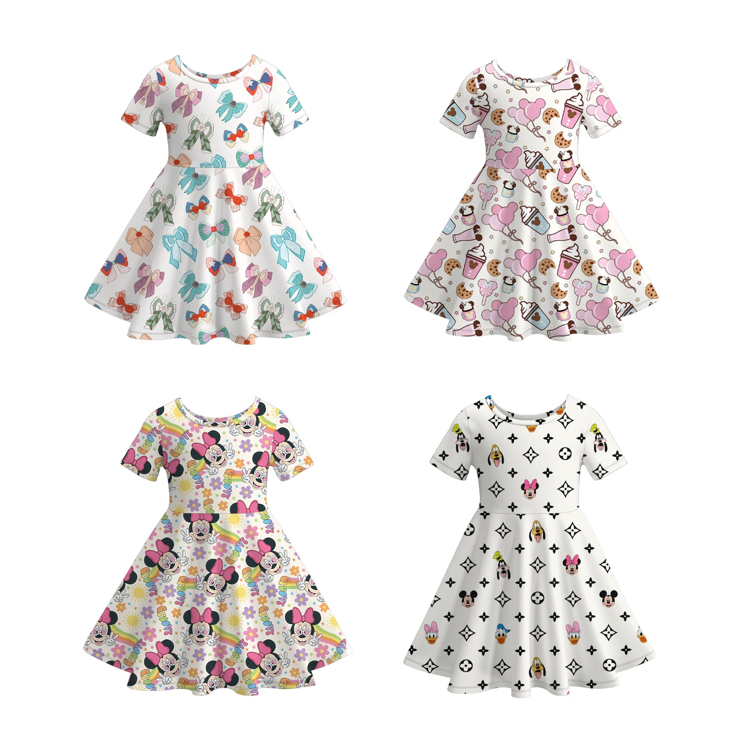 （Pre Order）Girls Spring and Summer Cartoon＆Bow Print Dress