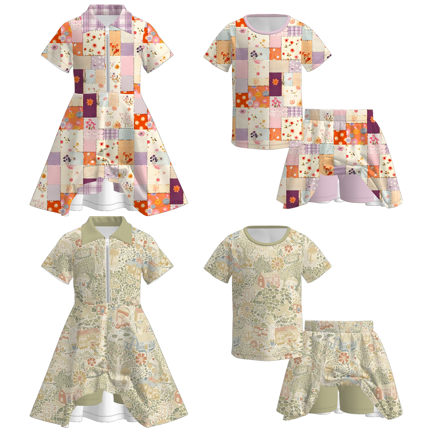 （Pre Order+Prepack Zone）Girls Fall Floral Print Skort Dress&Set