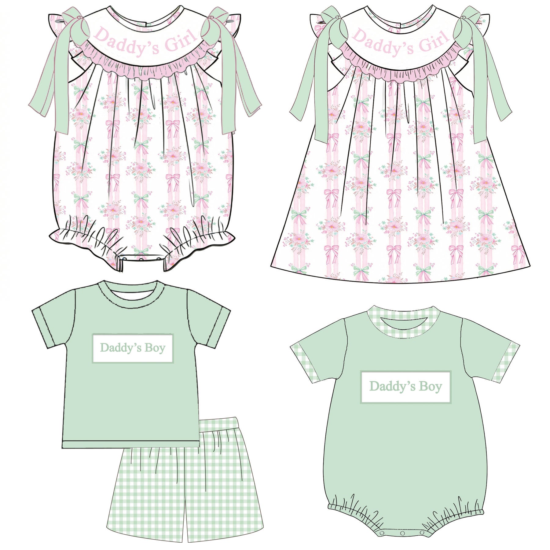 （Pre Order）Siblings DADDY'S GIRL&BOY Embroidery Smocked Dress,Set&Romper