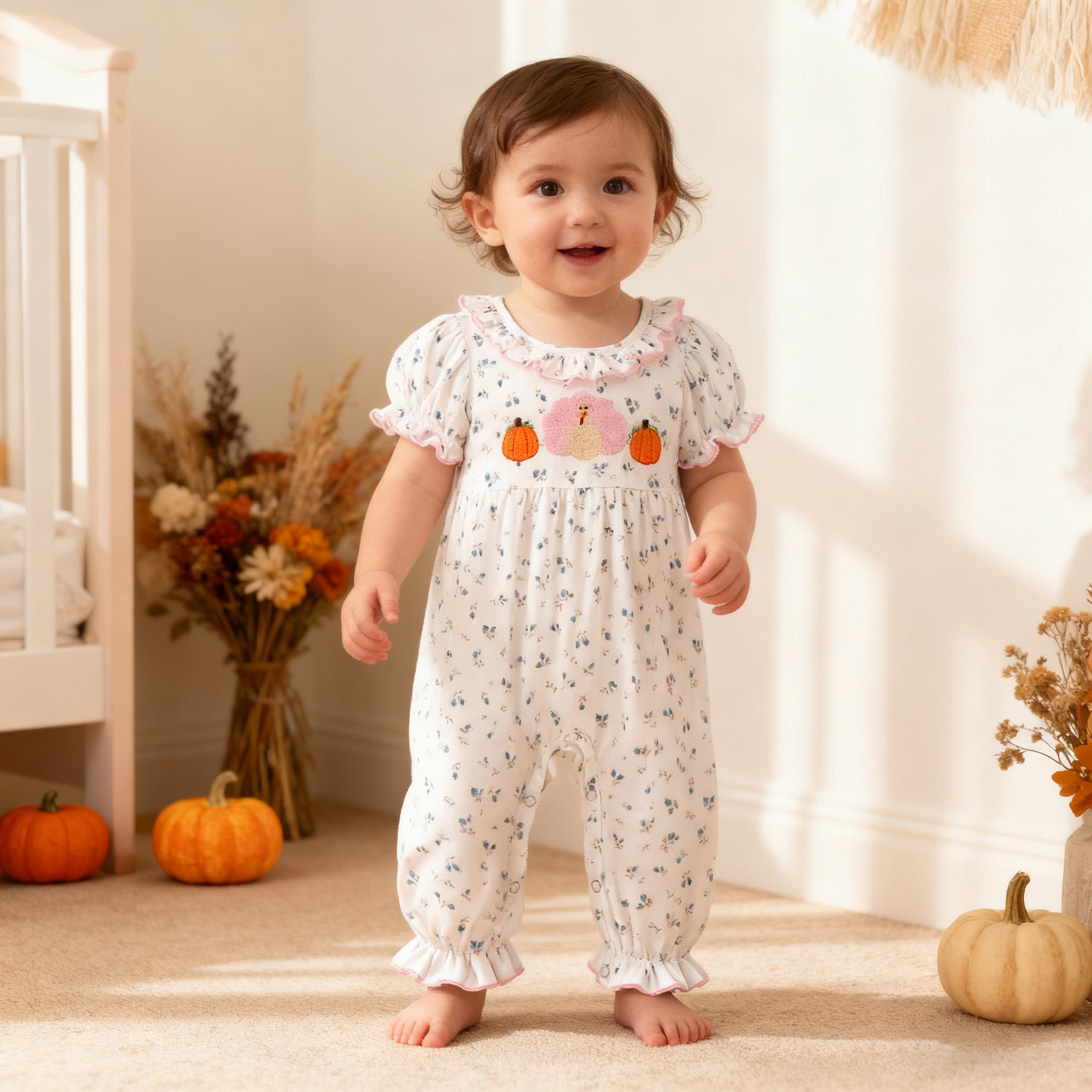 （In Stock）Toddler Girls Thanksgiving Turkey&Pumpkin Embroidery Romper