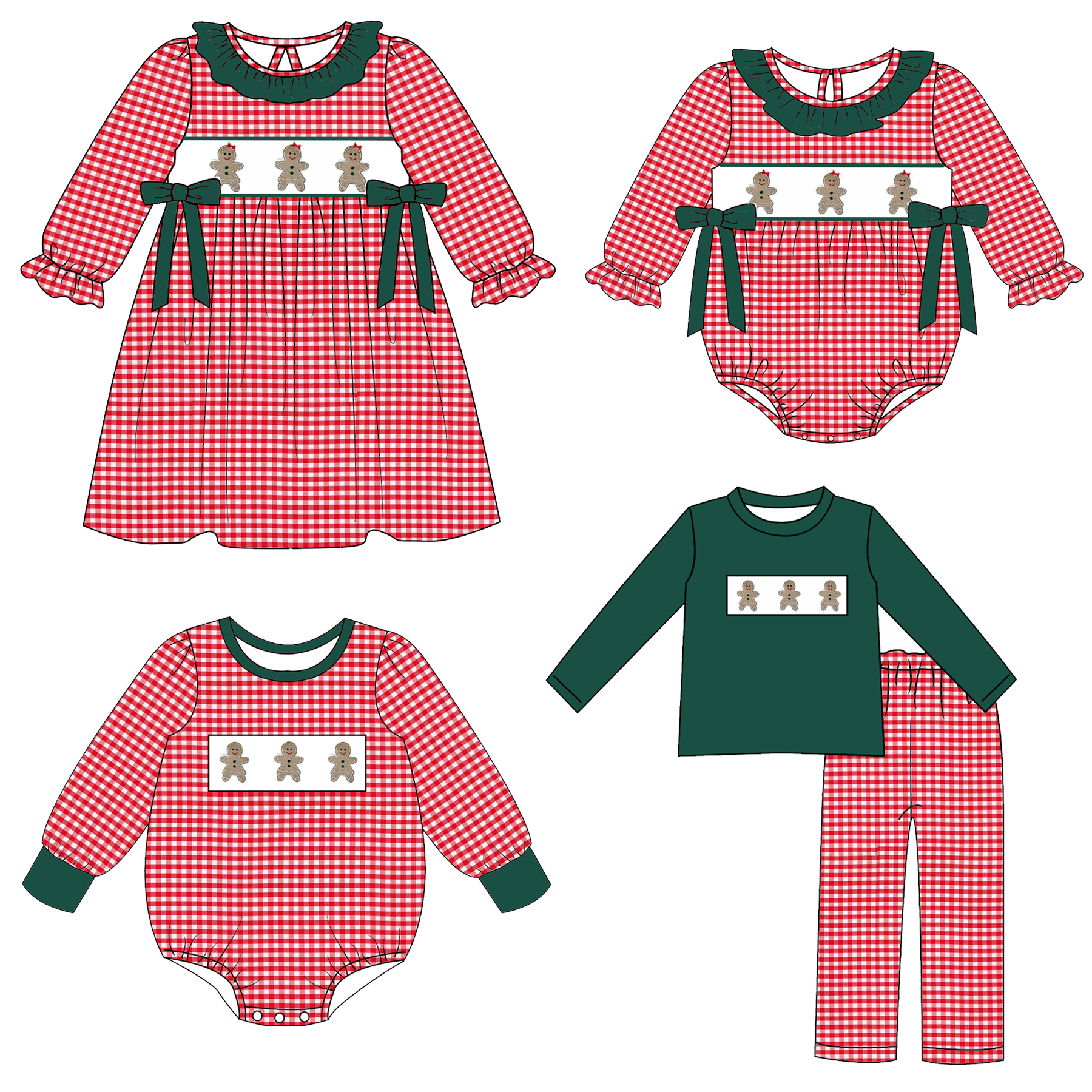 （Pre Order）Family Christmas Gingerbread Embroidery Smocked Dress,Set&Romper