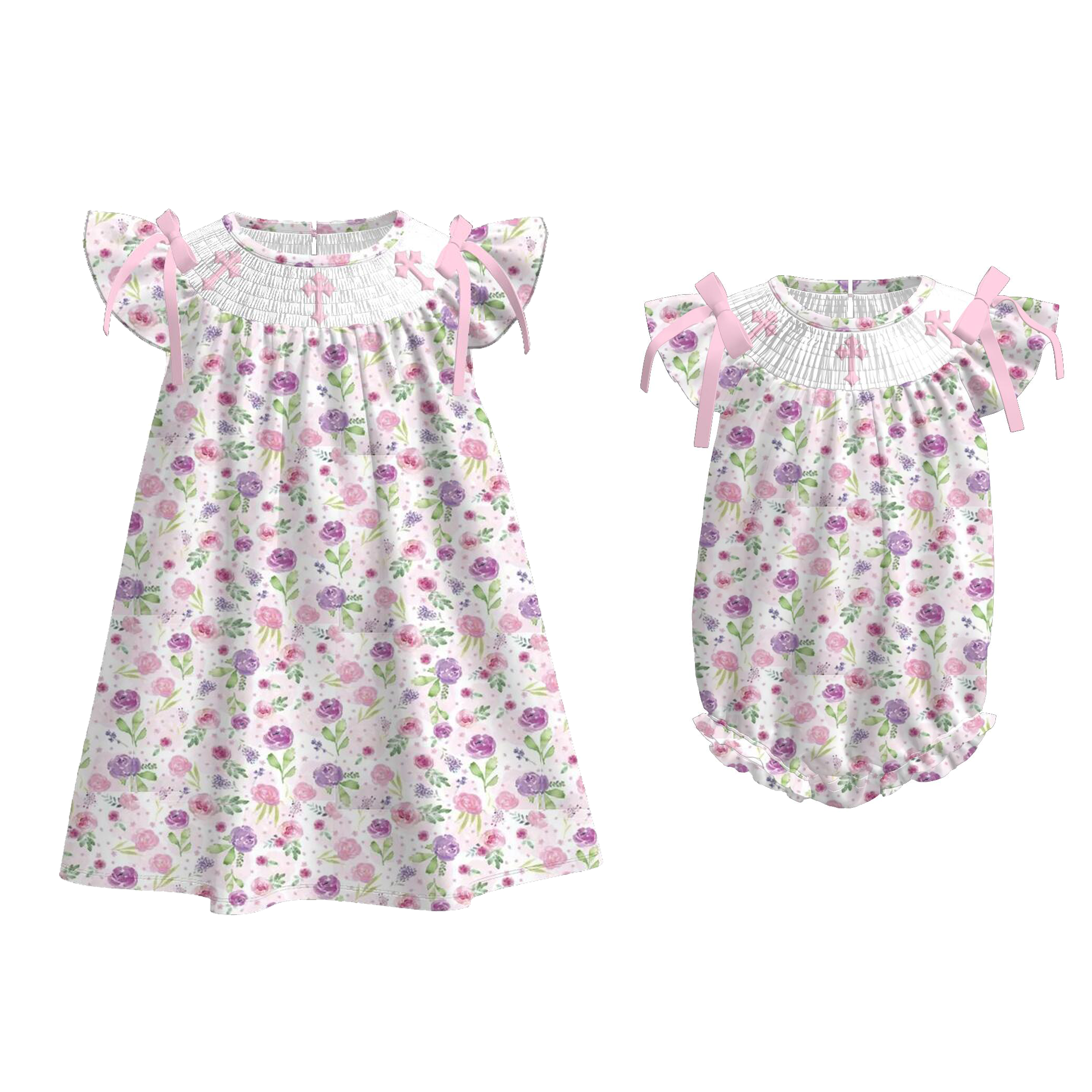 （Pre Order）Sisters Easter Cross Embroidery Smocked Dress&Romper