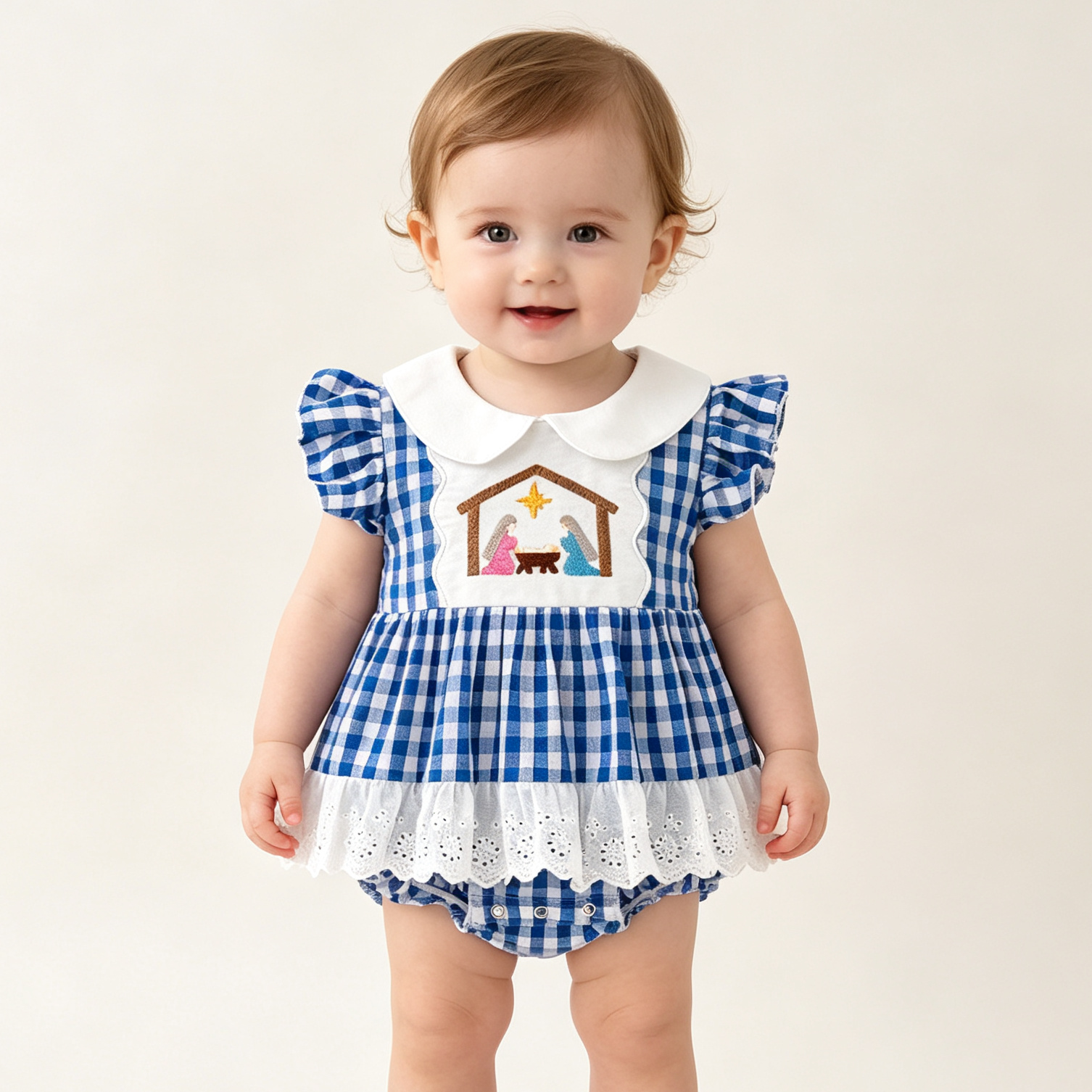 （In Stock）Toddler Girls Blue Plaid Nativity Embroidered Christmas Romper