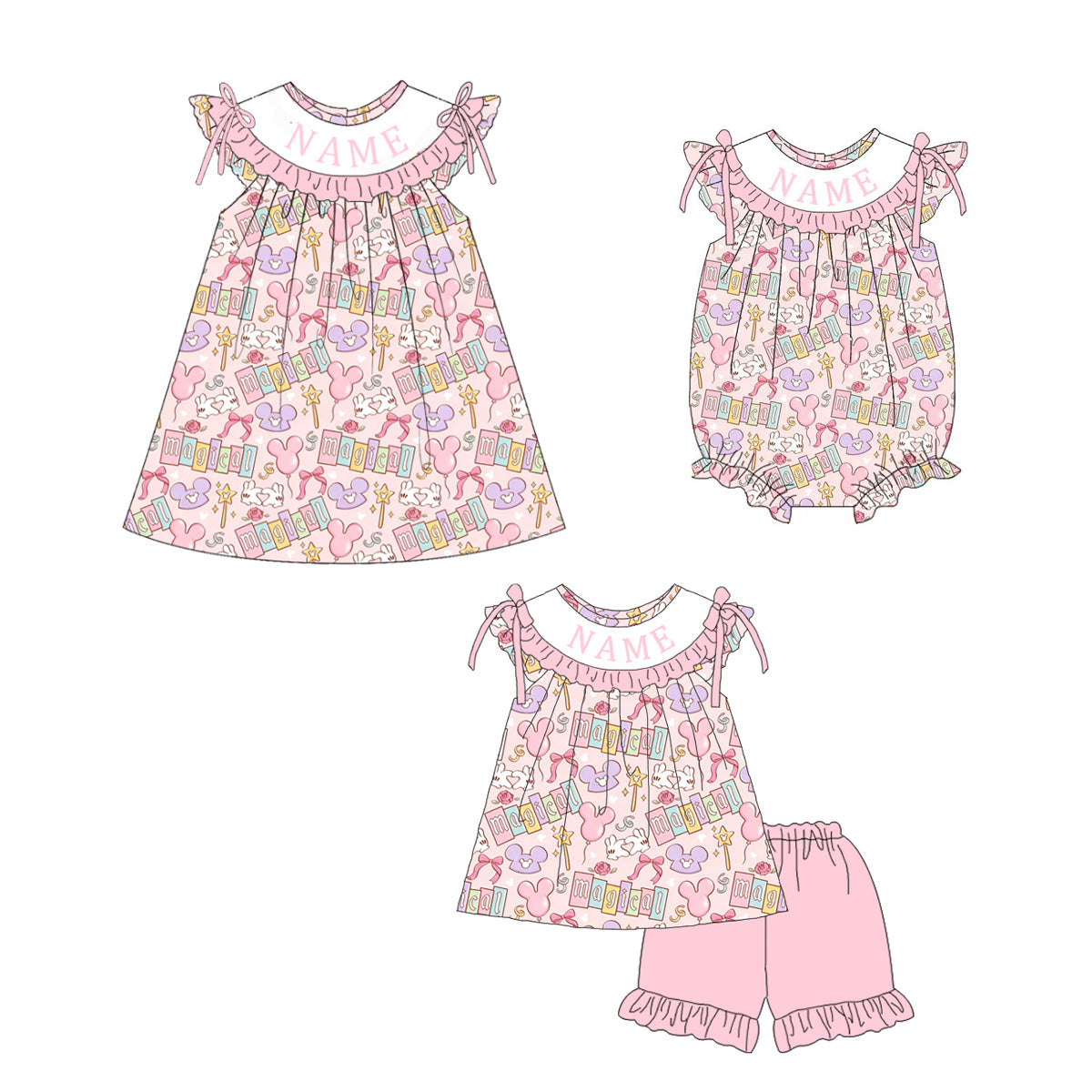 （Pre Order）Sisters Spring&Summer Cartoon Embroidery Smocked Dress,Set&Romper-Customized name