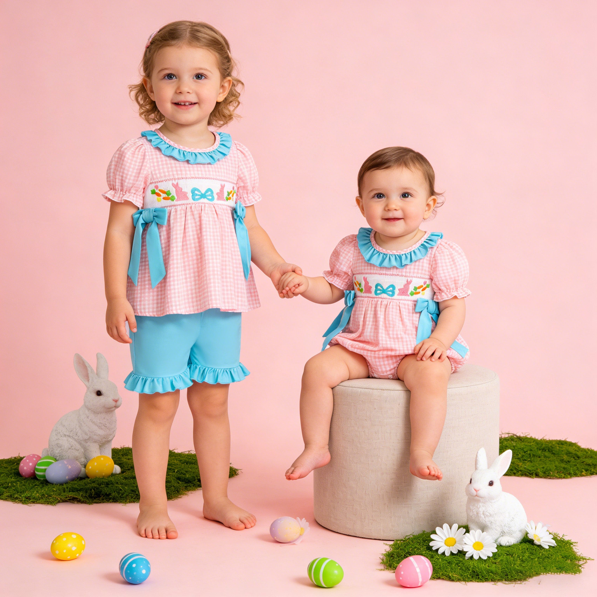 （In Stock）Sisters Easter Bunny Embroidery Smocked Shorts Set&Romper