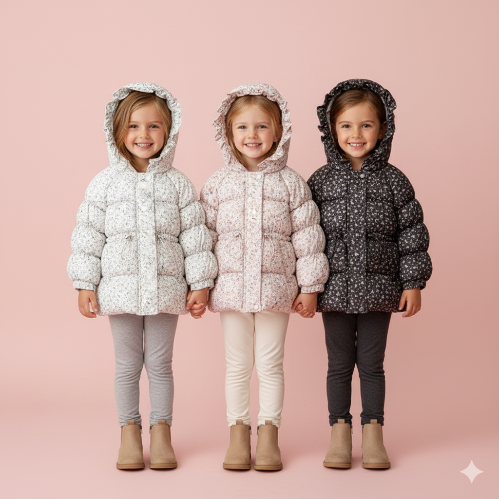 （In Production）Girls Fall&Winter Floral Print Coat with Hat