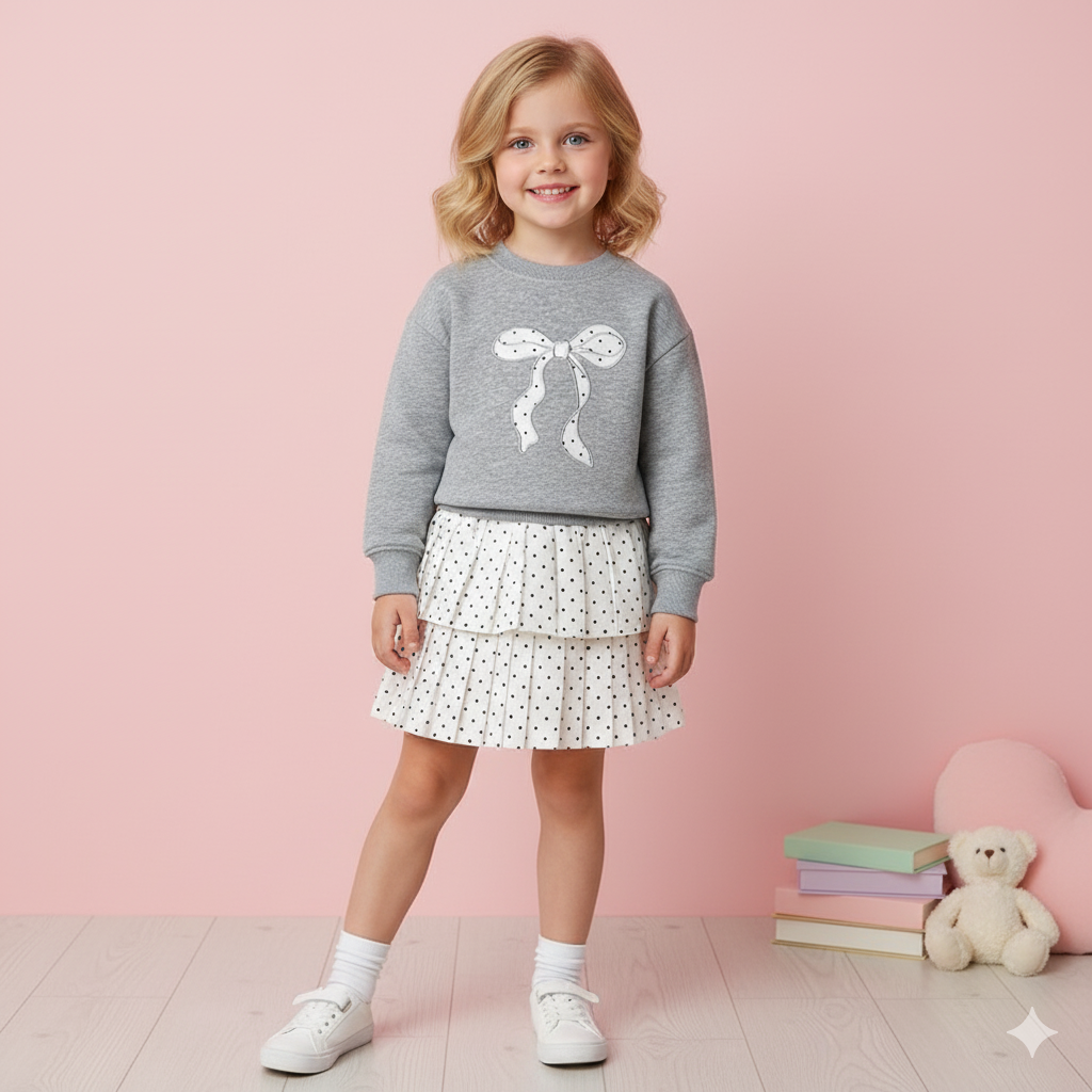 （In Production）Girls Fall&Winter Bow Applique Sweatshirt Set