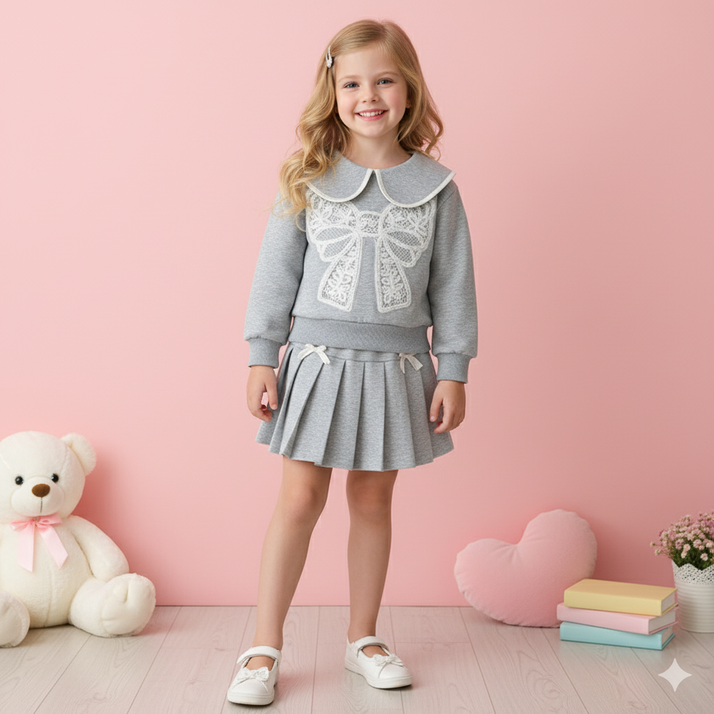 （In Production）Girls Fall&Winter Bow Applique Doll Collar Sweatshirt Set