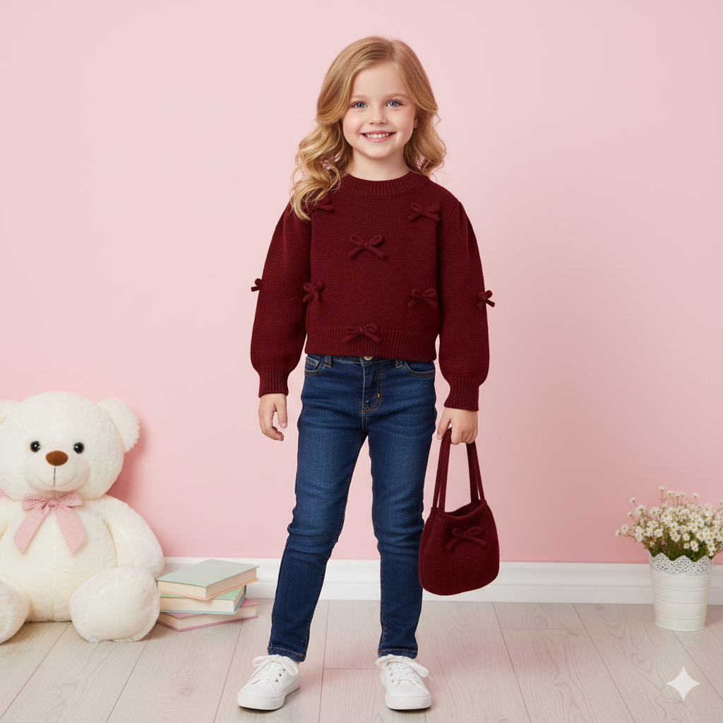 （In Production）Girls Fall&Winter Bow Sweater with Bag