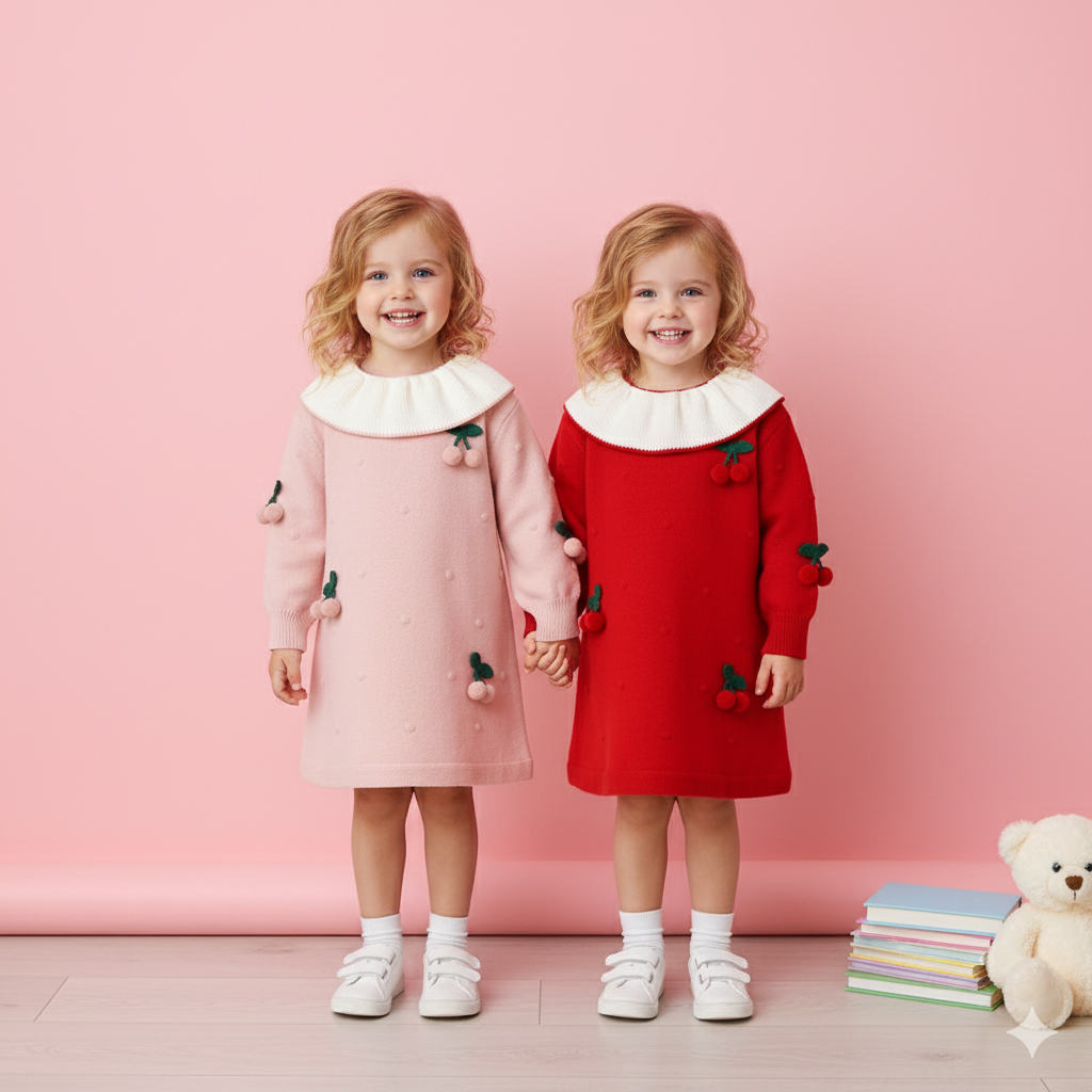 （In Production）Girls Christmas Red&Pink Cherry Doll Collar Sweater