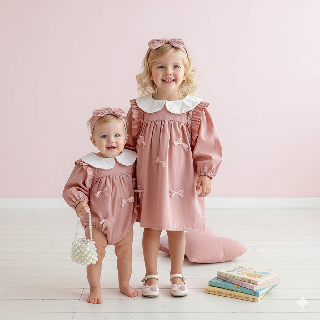 （In Production）Sisters Spring Pink Bow Doll Collar Dress&Romper