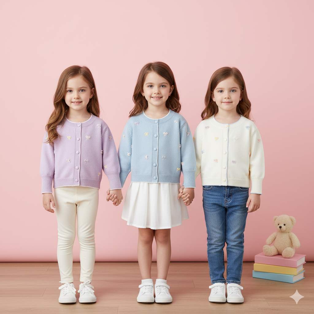 （In Production）Girls Fall&Winter Solid-color Bow Cardigan