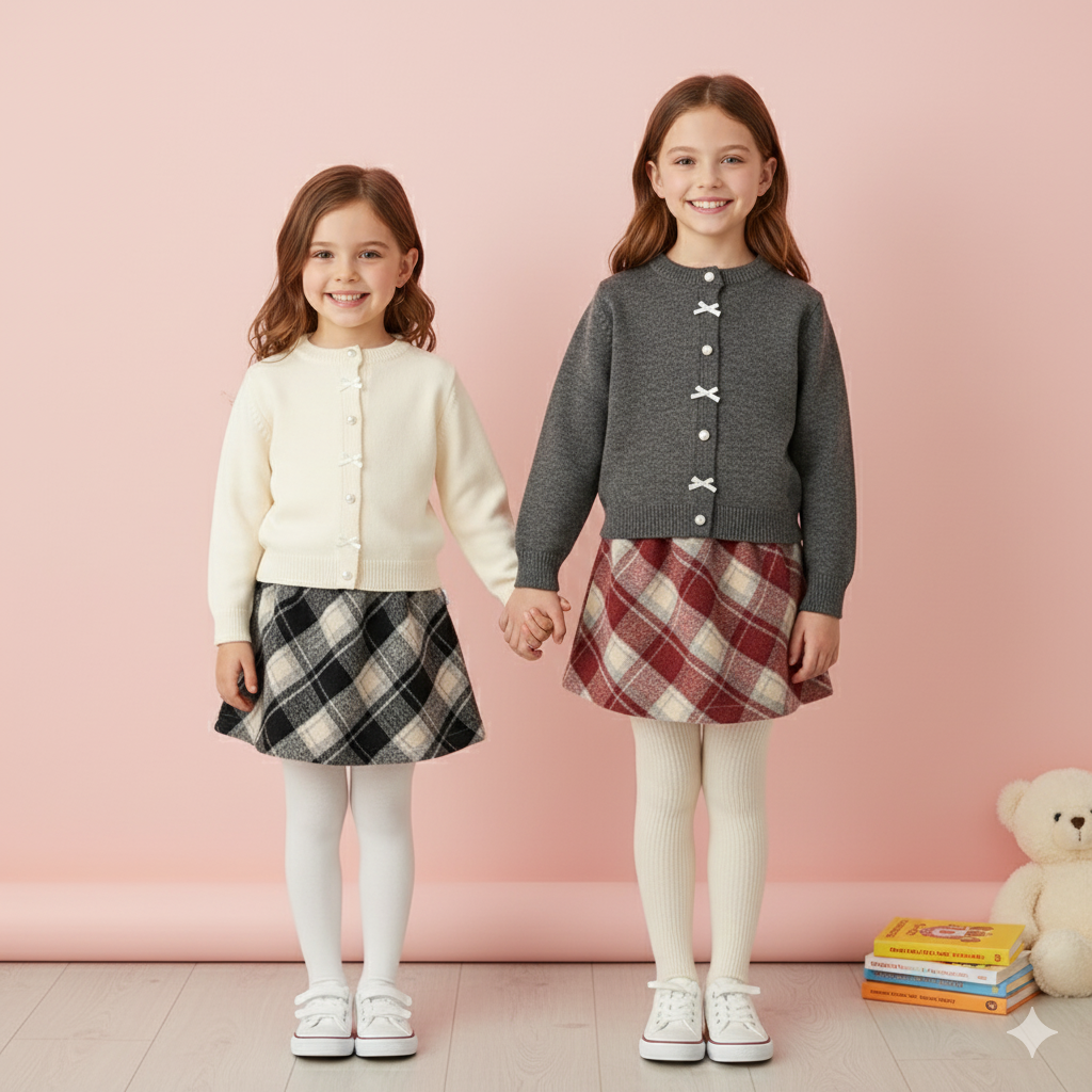 （Pre Order）Girls Bow Sweater Cardigan and Plaid Skirt