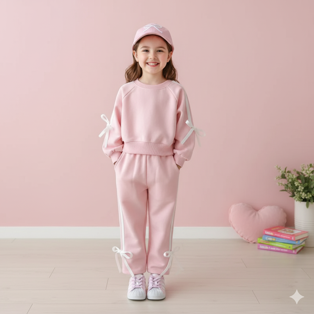 （In Production）Girls Fall&Winter Solid Color Bow Sports Suit