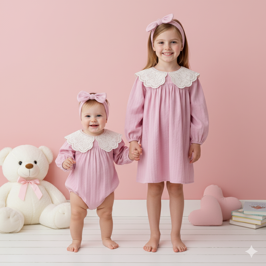 （In Production）Sisters Spring Pink Doll Collar Dress&Romper