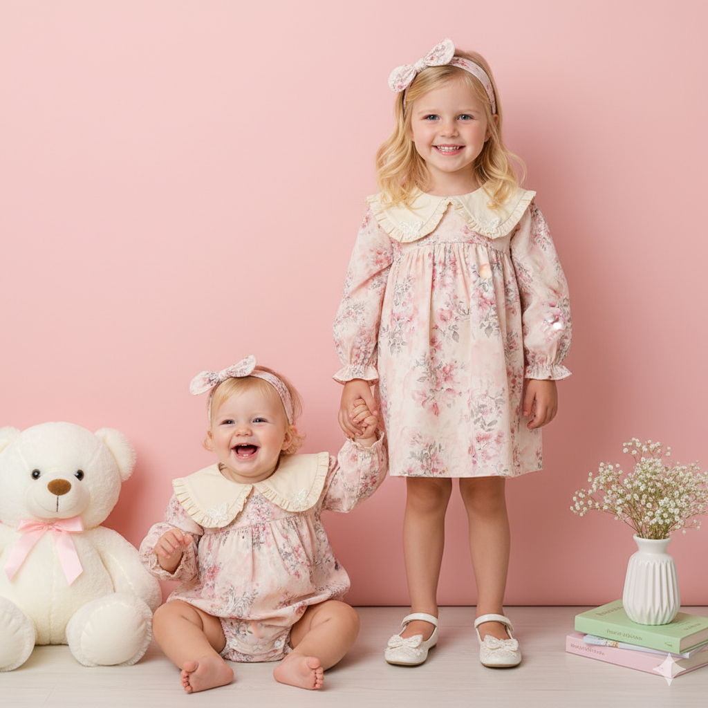 （In Production）Sisters Spring Floral Print Doll Collar Dress&Romper