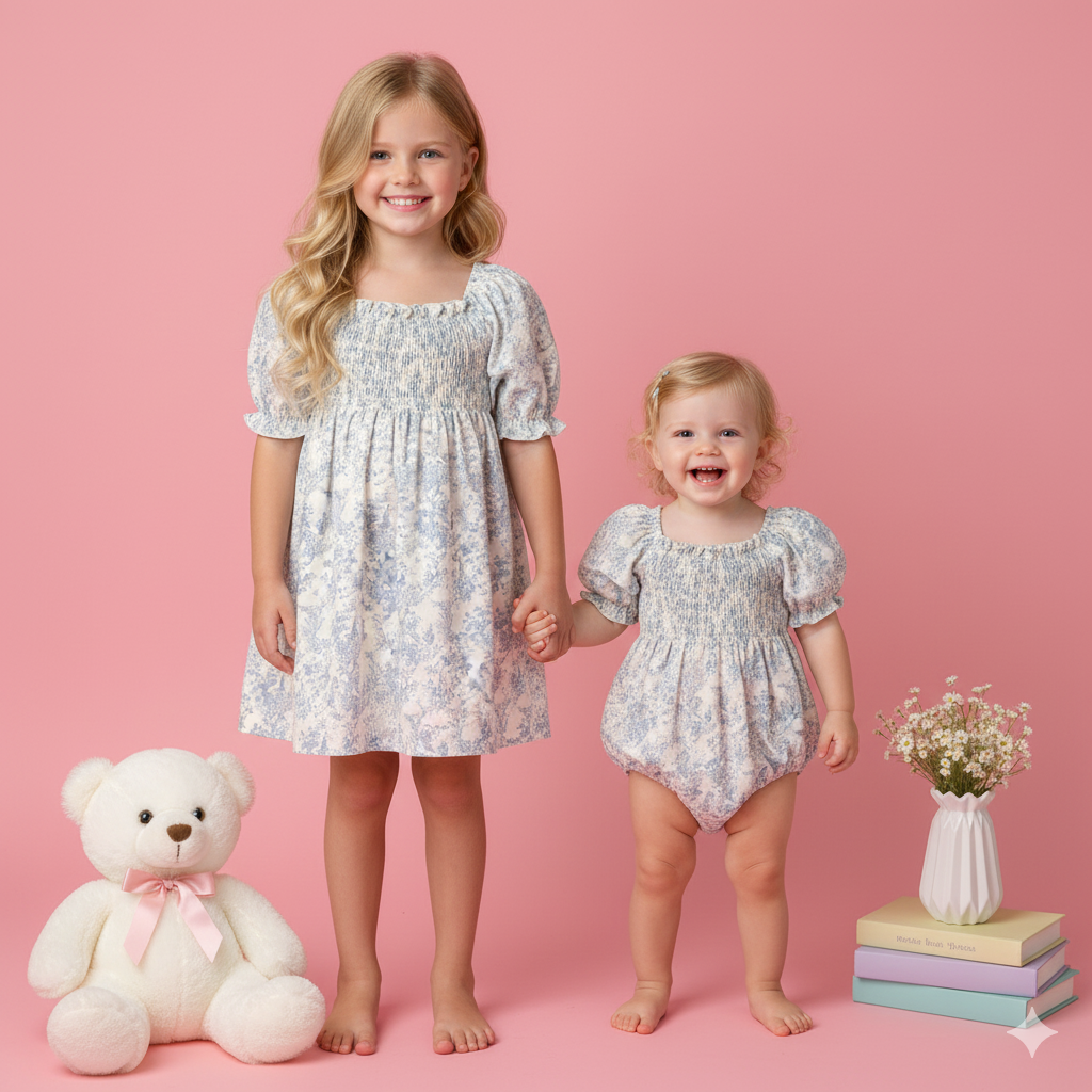 （In Production）Sisters Spring&Summer Blue Floral Print Smocked Dress,Romper