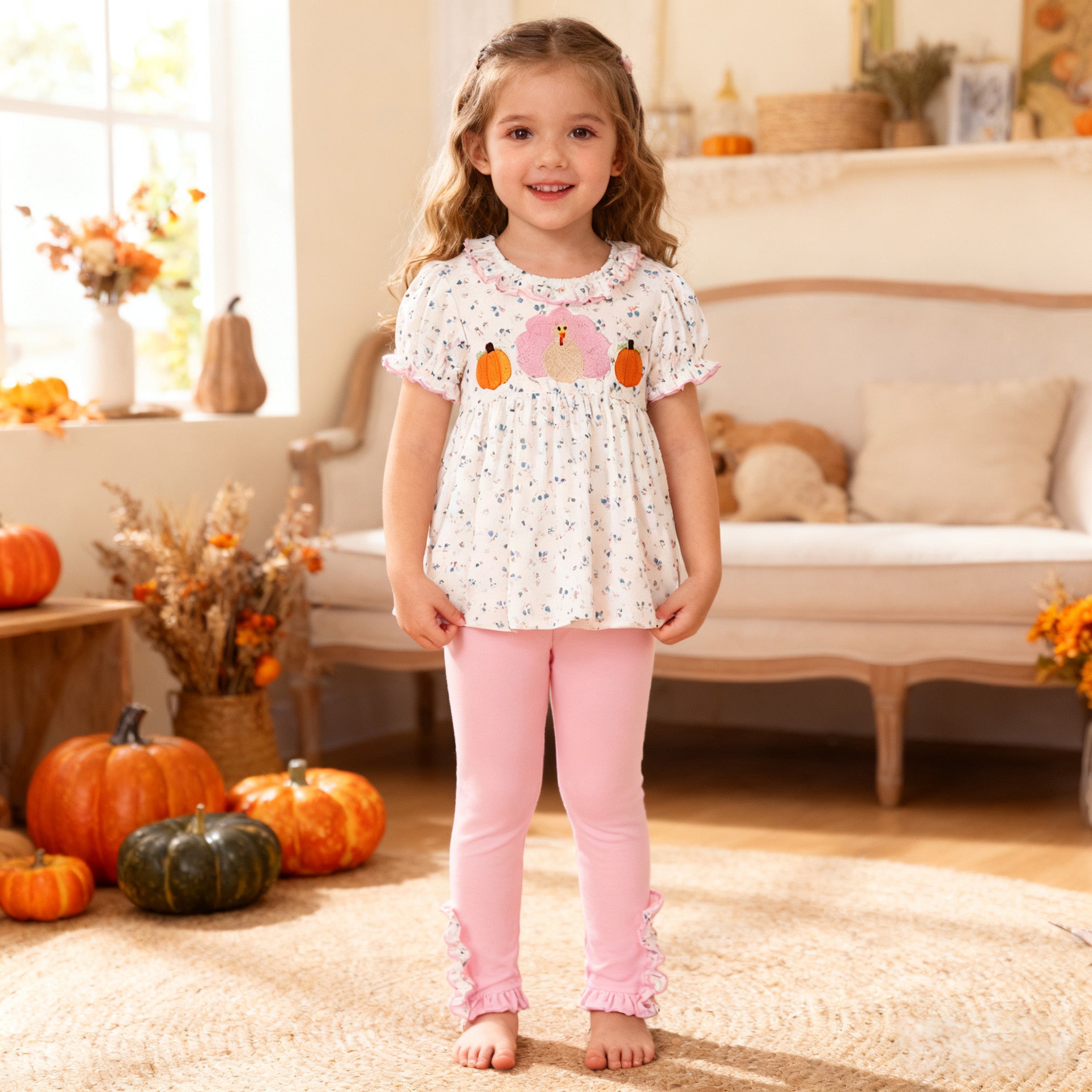（In Stock）Girls Thanksgiving Turkey&Pumpkin Embroidery Outfit Set