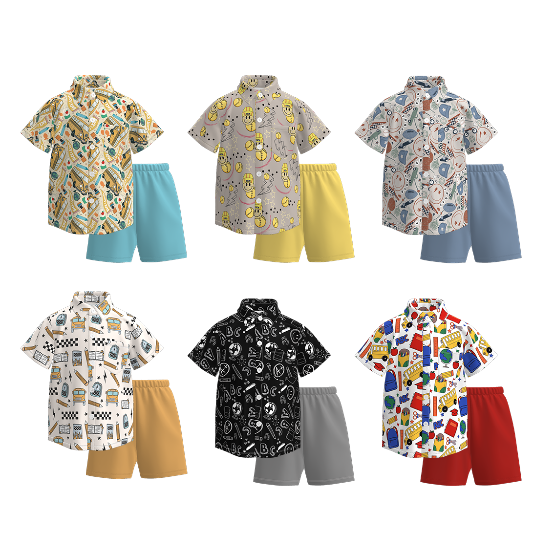 （Pre Order）Boys Summer Back To School Print Four-way Stretch Shirt Set