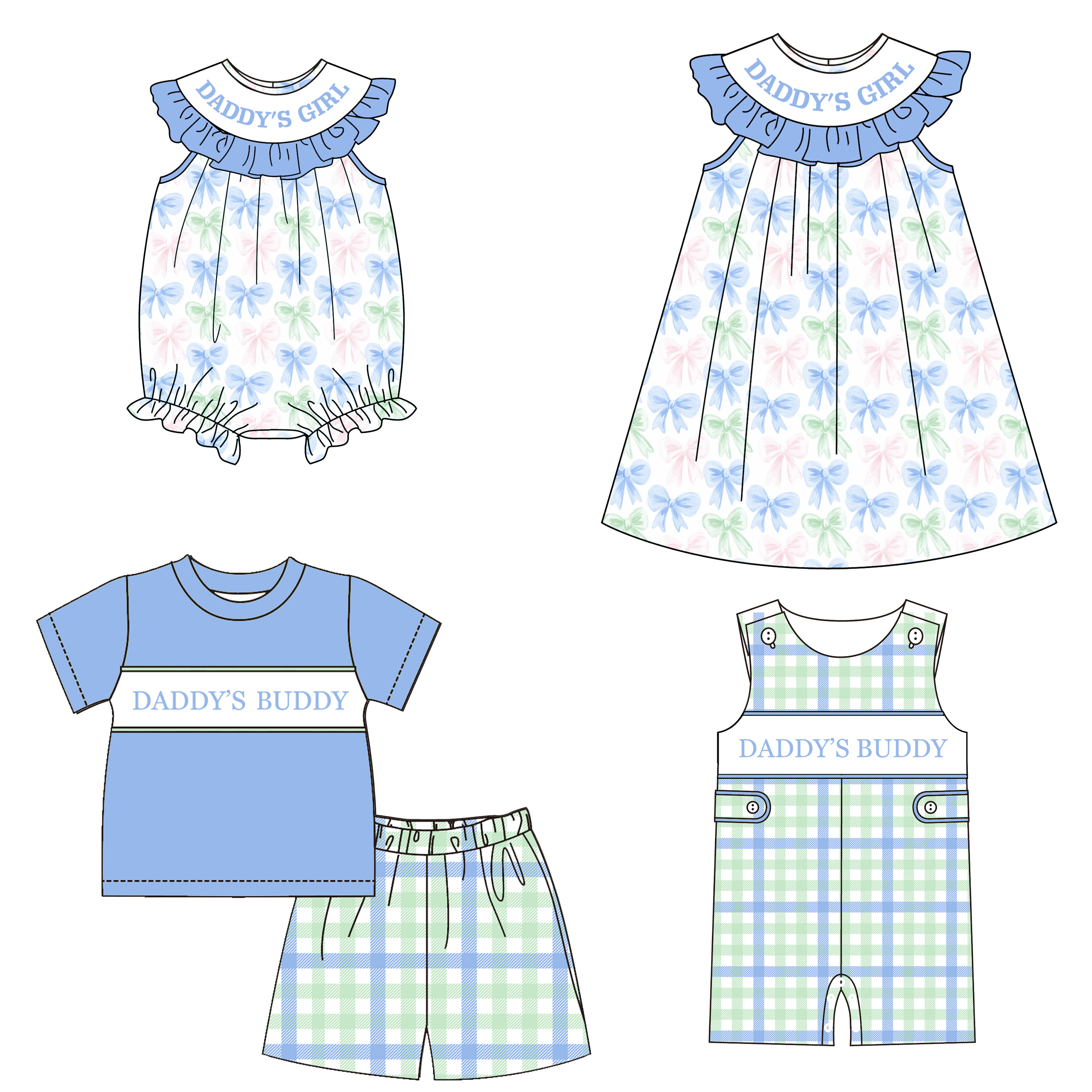 （Pre Order）Sibling Spring&Summer DADDY Embroidery Smocked Dress,Set&Romper
