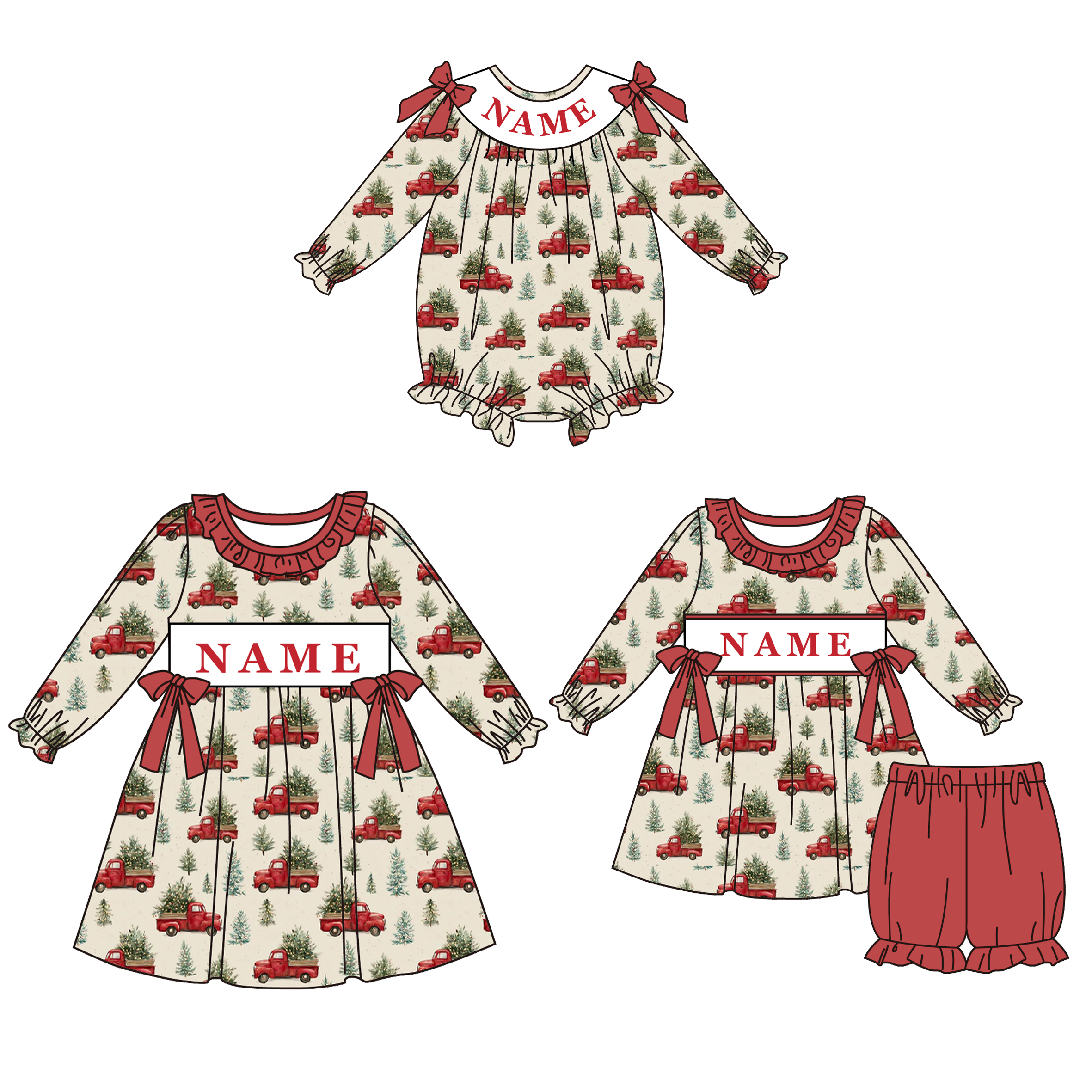 （Pre Order）Family Christmas Embroidery Smocked Dress&Romper