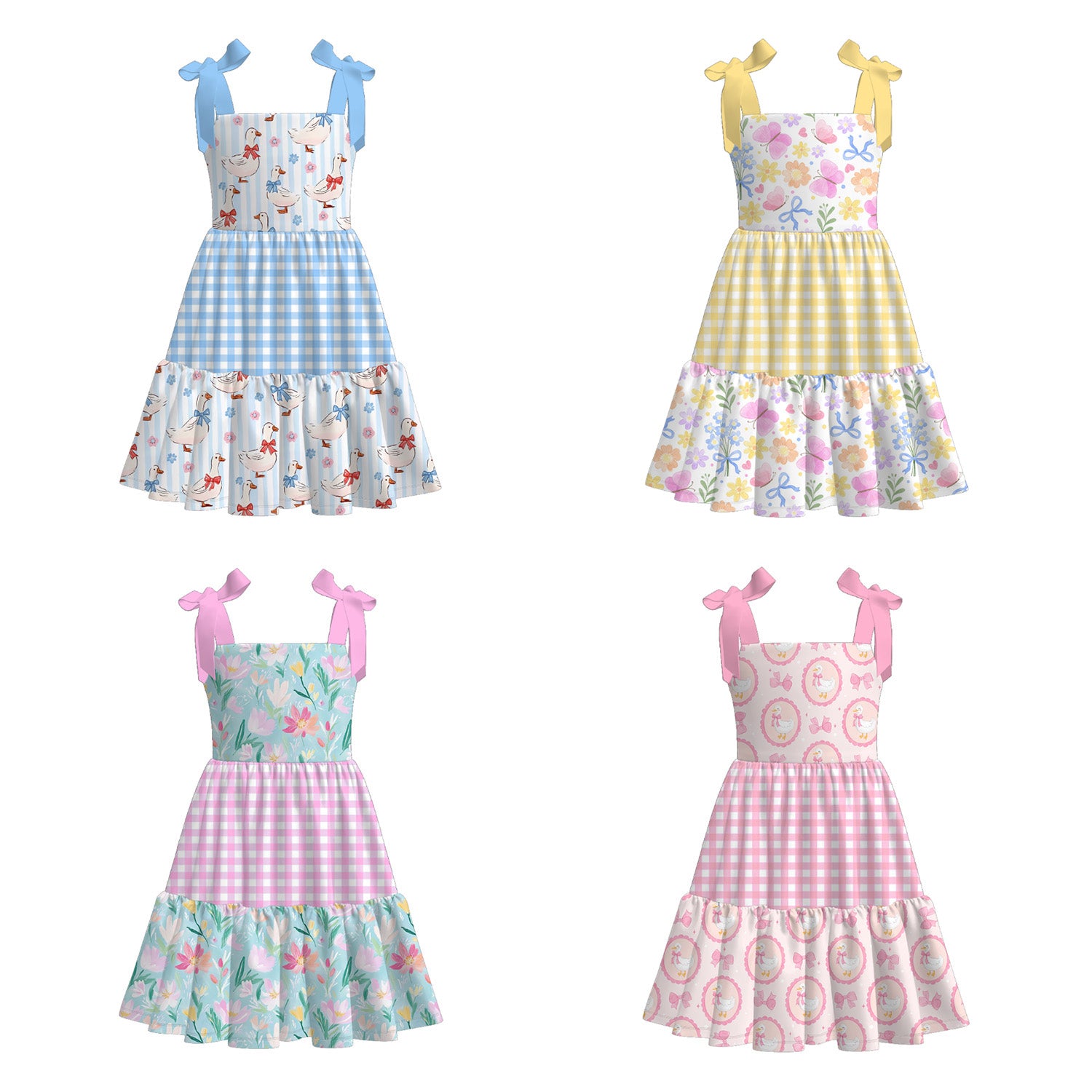 （Pre Order）Girls Spring and Summer Floral＆Goose Print Slip Dress