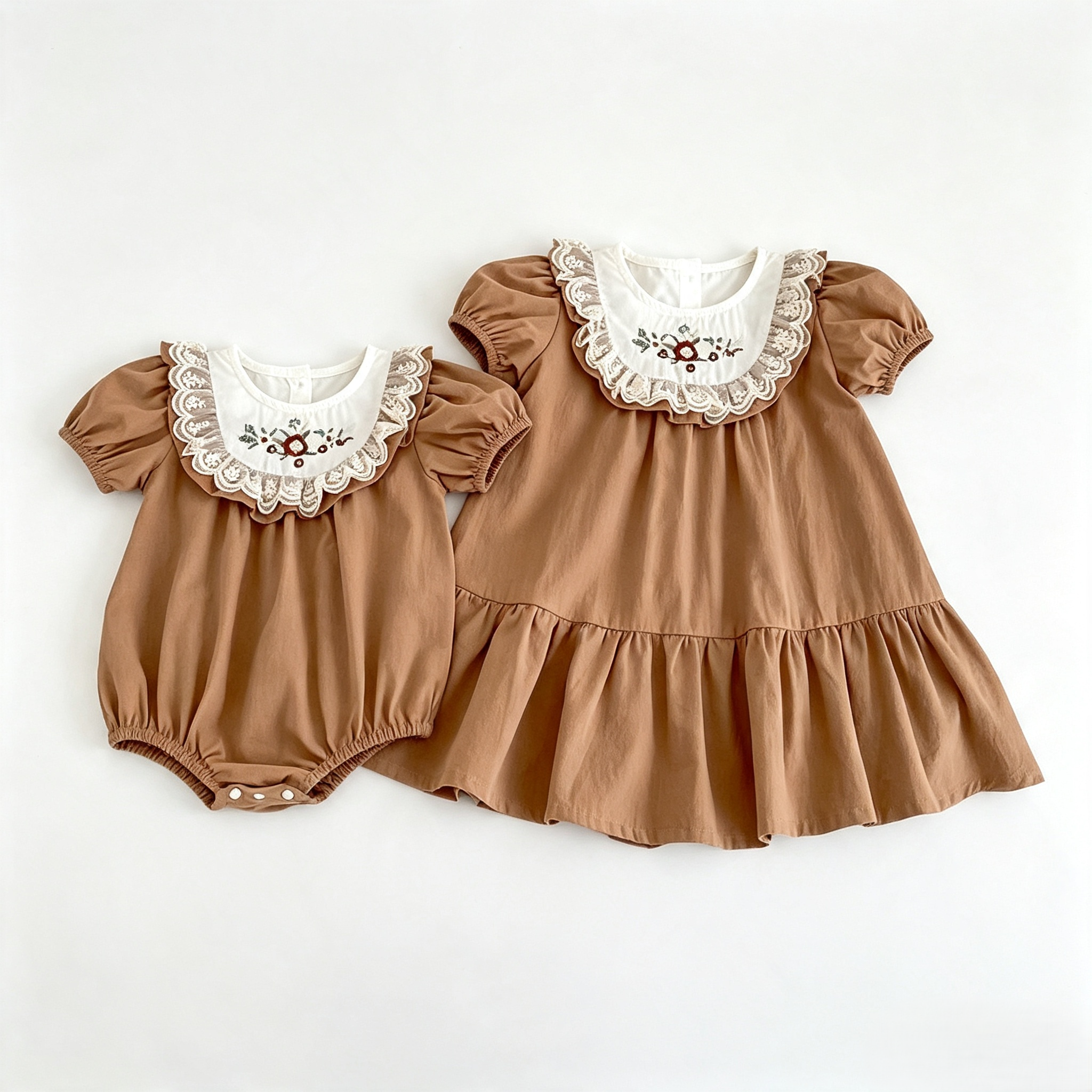（Pre Order 2 Weeks）Sisters Fall Floral Embroidery Lace Ruffle Dress&Romper