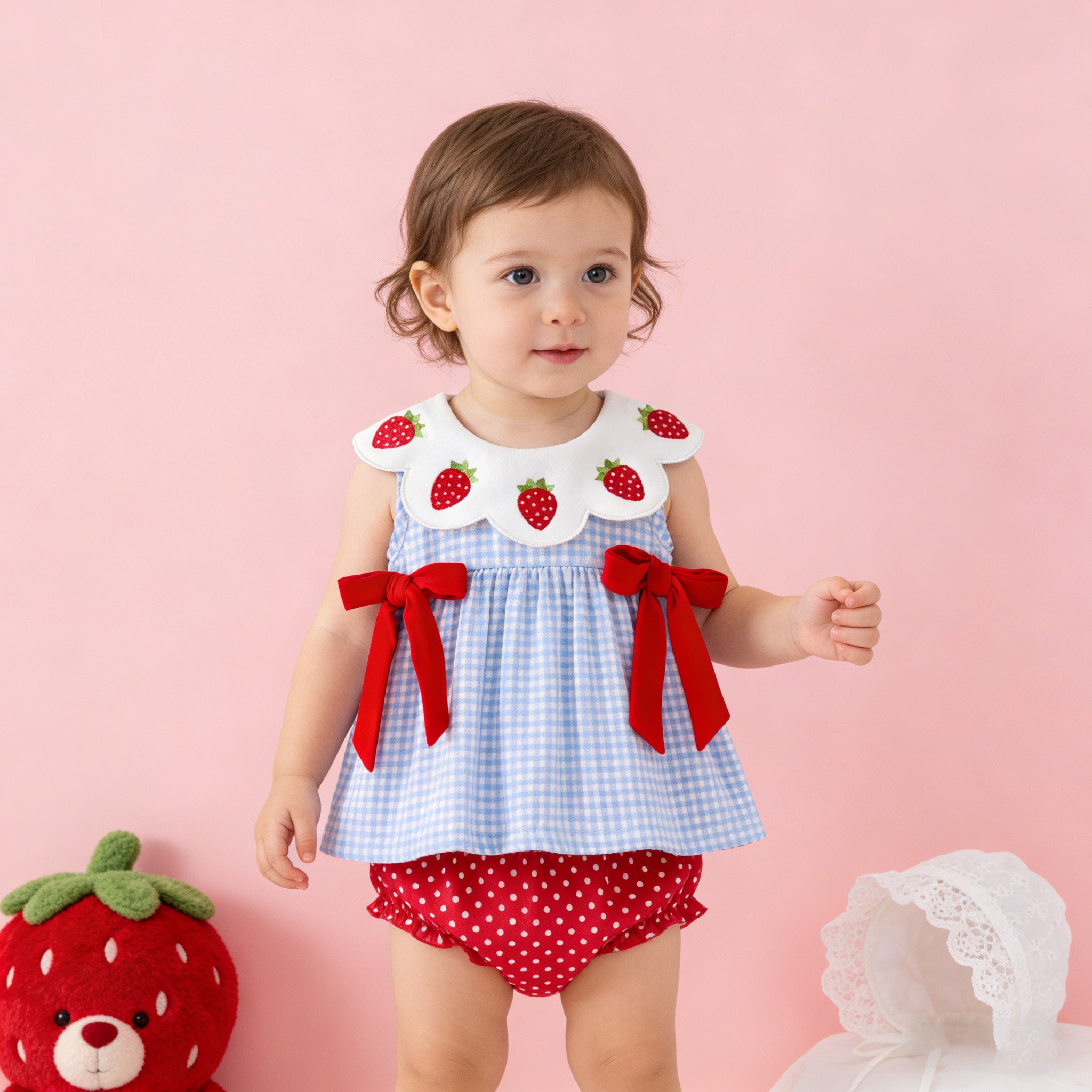 （In Stock）Girls Spring&Summer Strawberry Embroidery Doll Collar Dress&Bloomer Set