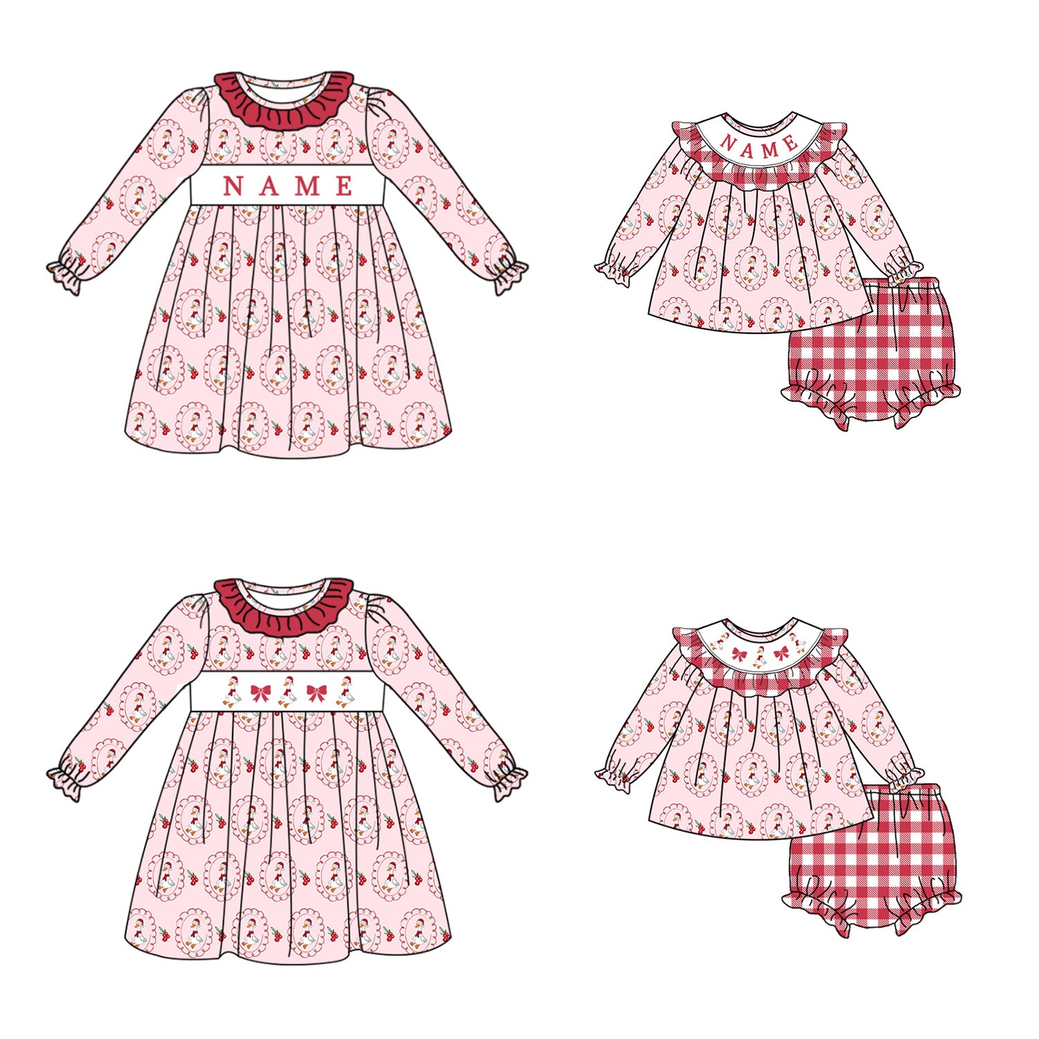 （Pre Order）Sisters Christmas Goose Embroidery Smocked Dress&Romper