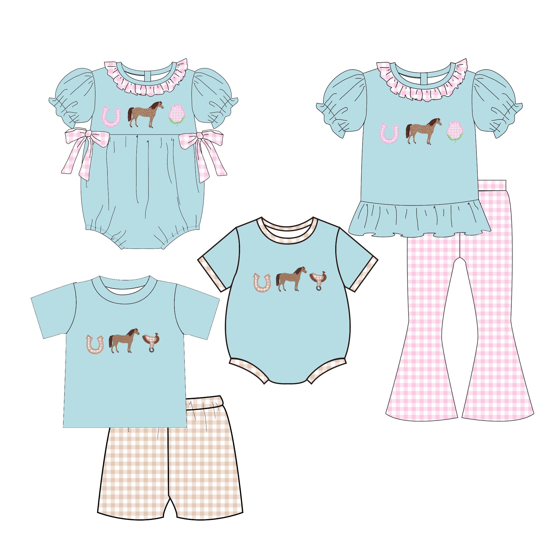 （Pre Order）Siblings Spring&Summer Horse Applique Outfit Set&Romper