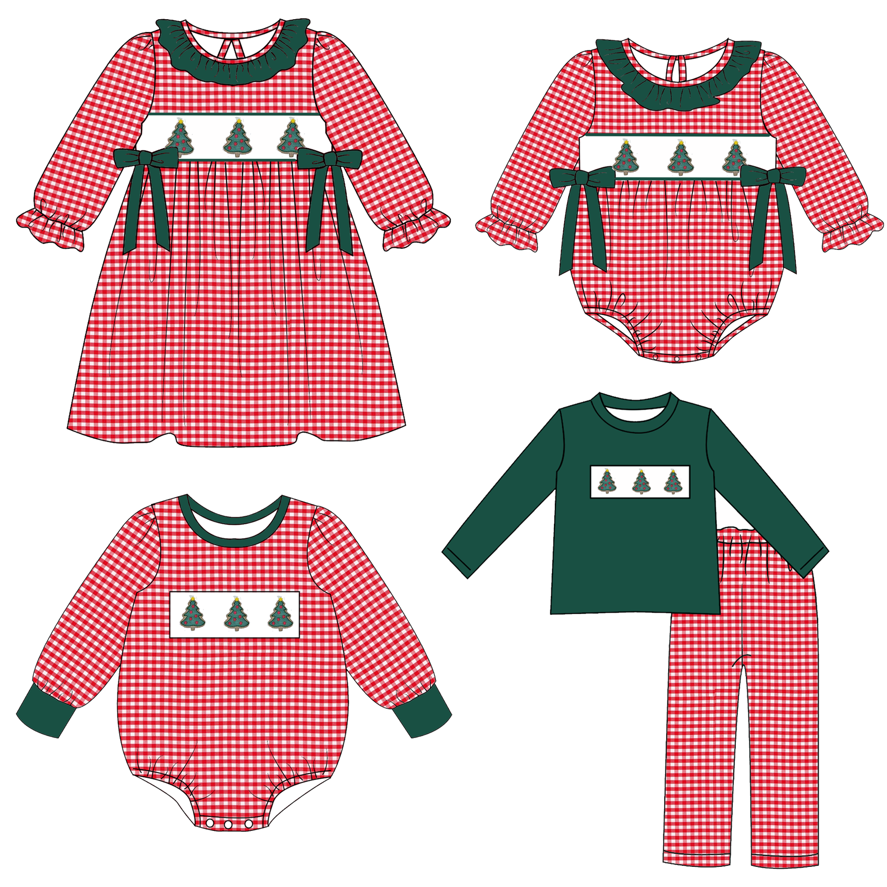 （Pre Order）Family Christmas Tree Embroidery Smocked Dress,Set&Romper