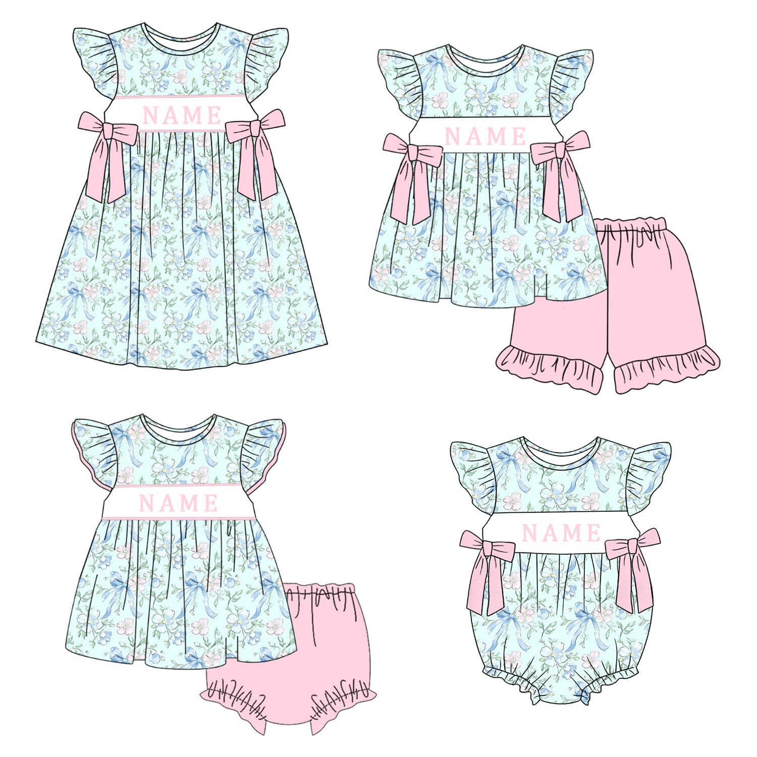 （Pre Order）Sisters Spring&Summer Floral Embroidery Smocked Dress,Set&Romper-Customized name