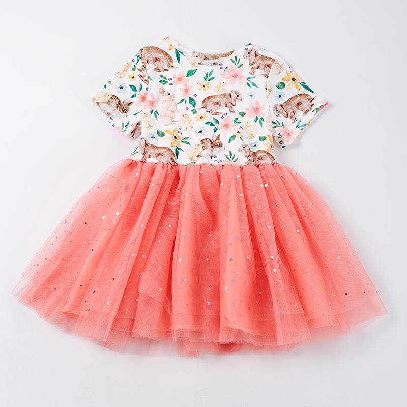 Girls Bunny Floral Coral Tulle Dress