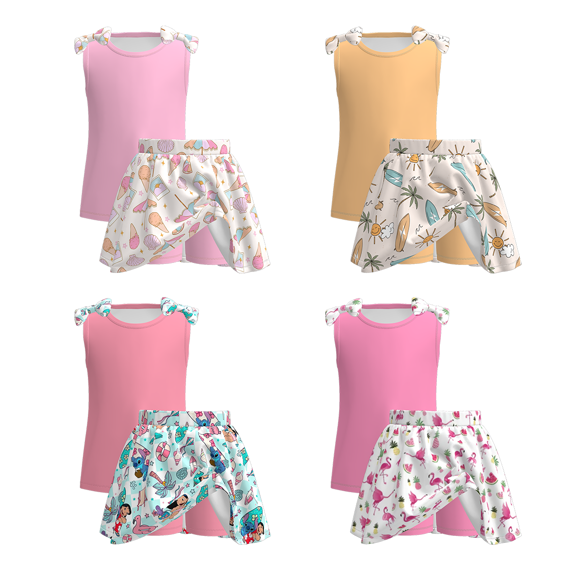 （Pre Order）Girls Summer Print Bow Top Skort Set