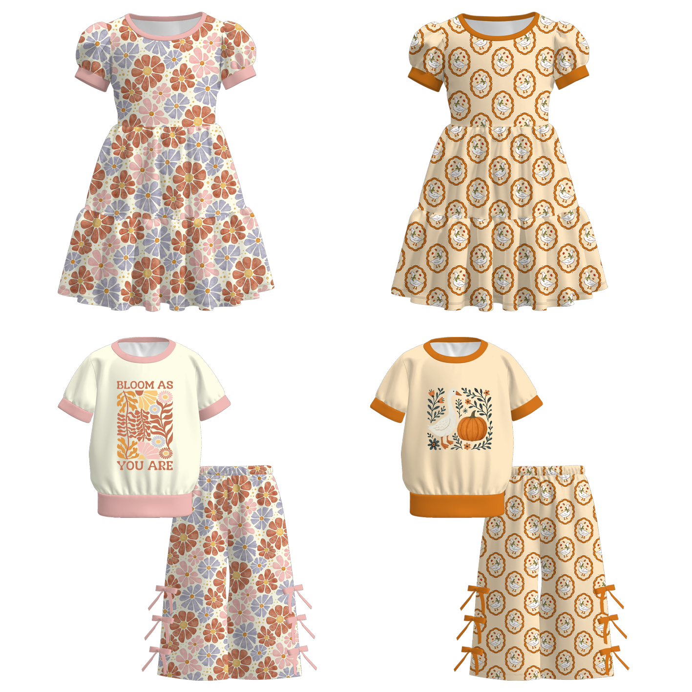 （Pre Order+Prepack Zone）Girls Fall Floral&Goose Print Dress&Outfit Set