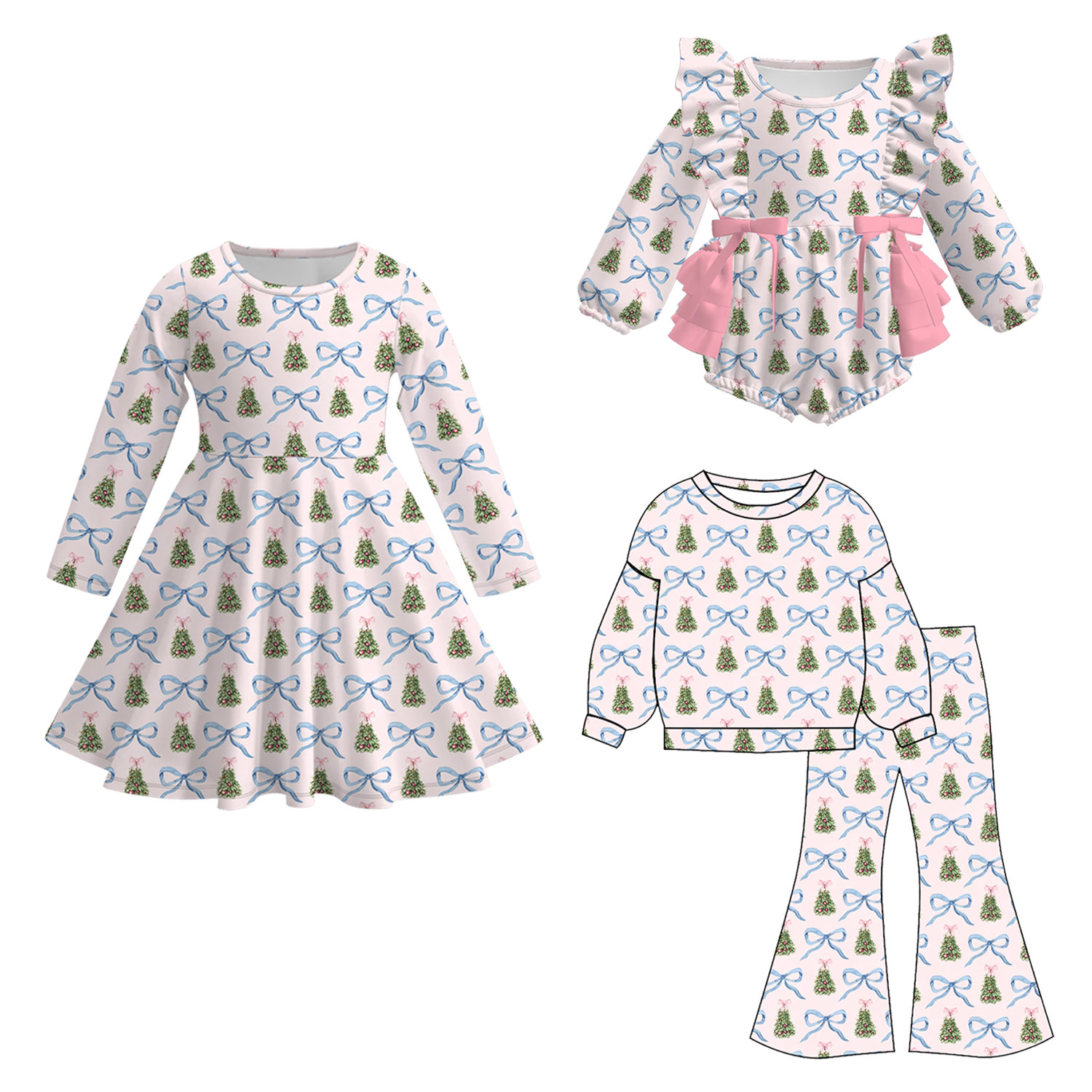 （Pre Order）Sisters Christmas Tree Print Dress,Set&Romper