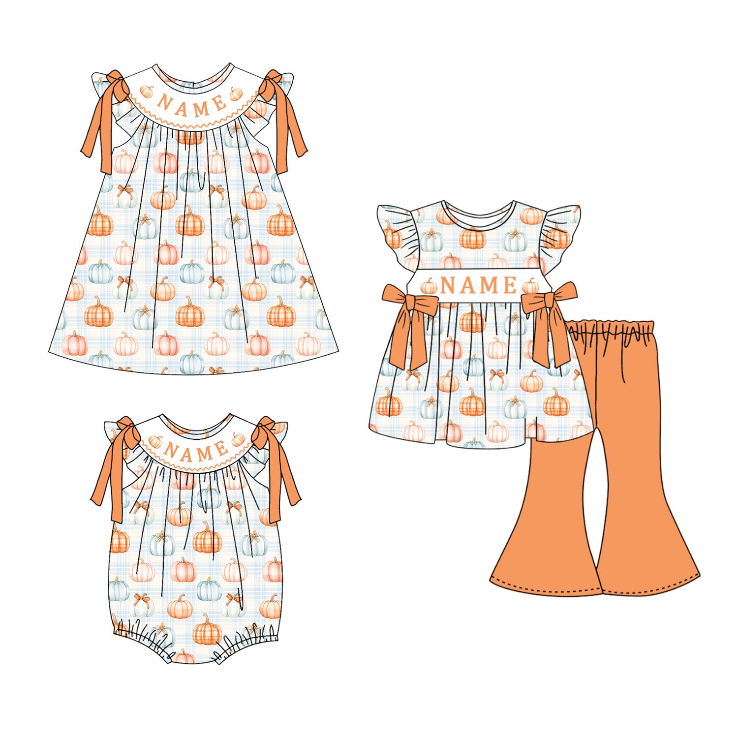 （Pre Order）Sisters Pumpkin Embroidery Smocked Dress,Set&Romper