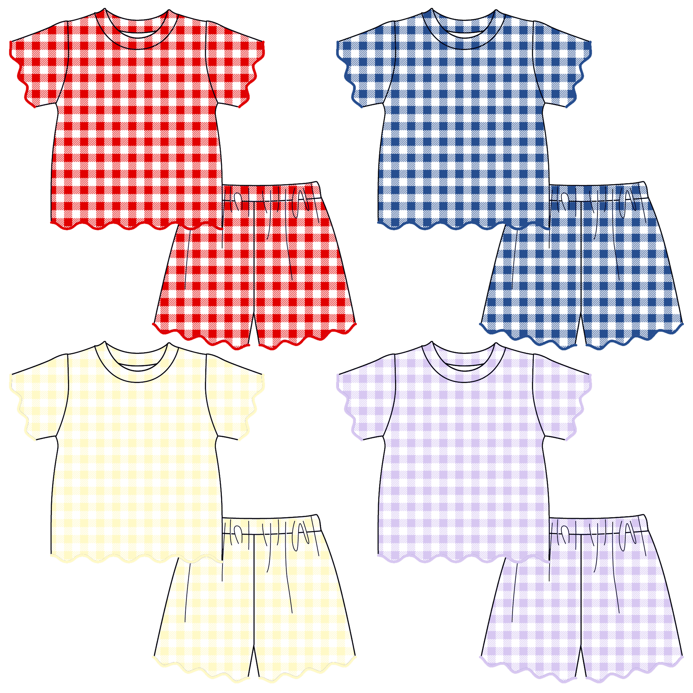 （Pre Order）Girls Spring & Summer Plaid Scallop Shorts Set