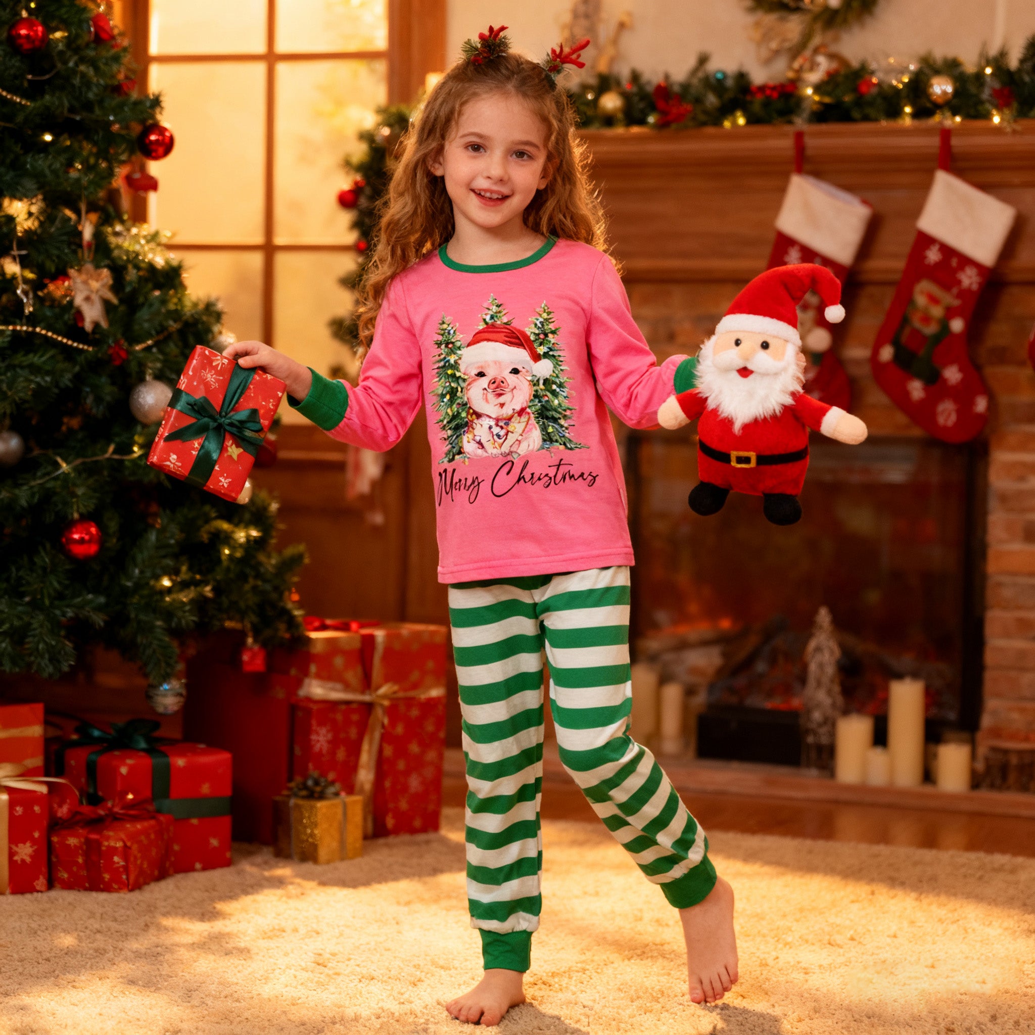 （In Stock）Girls Christmas Santa Claus Print Pajamas