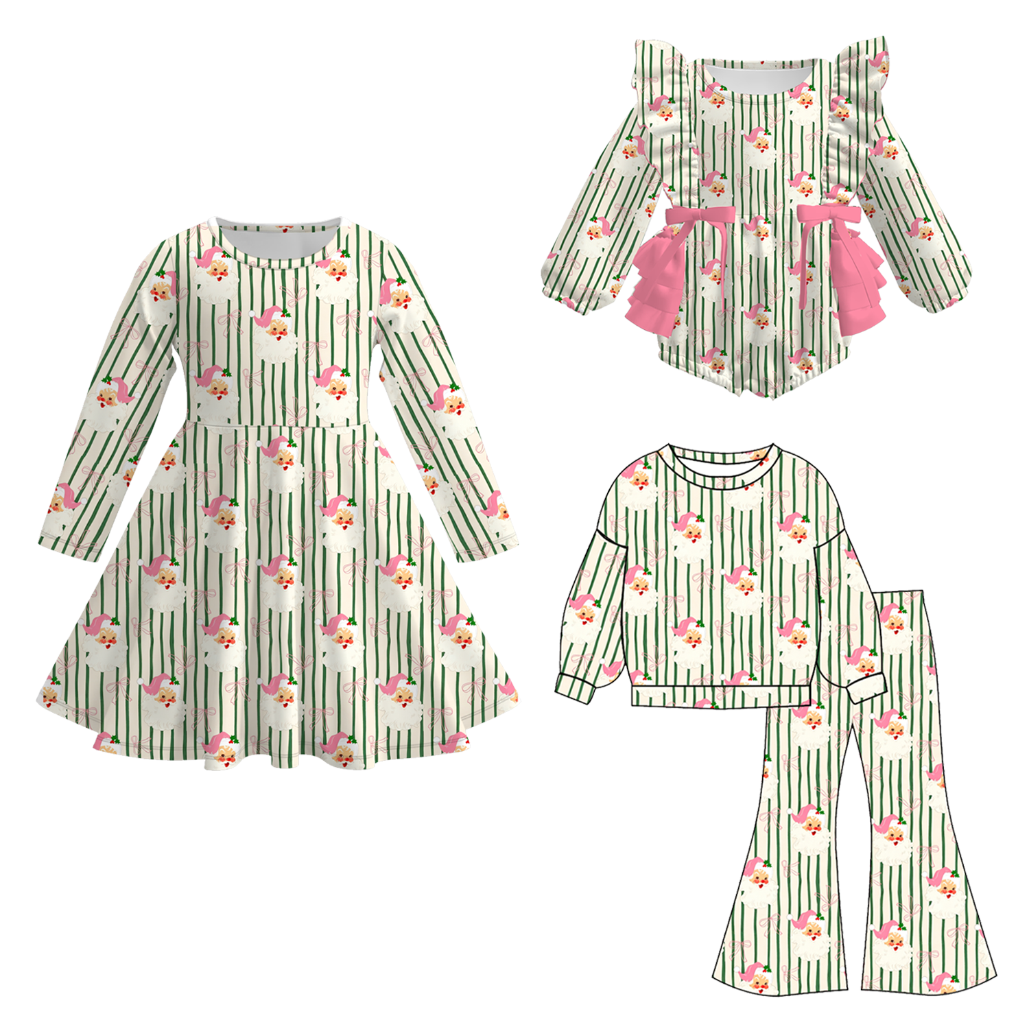 （Pre Order）Sisters Christmas Santa Claus Print Dress,Set&Romper