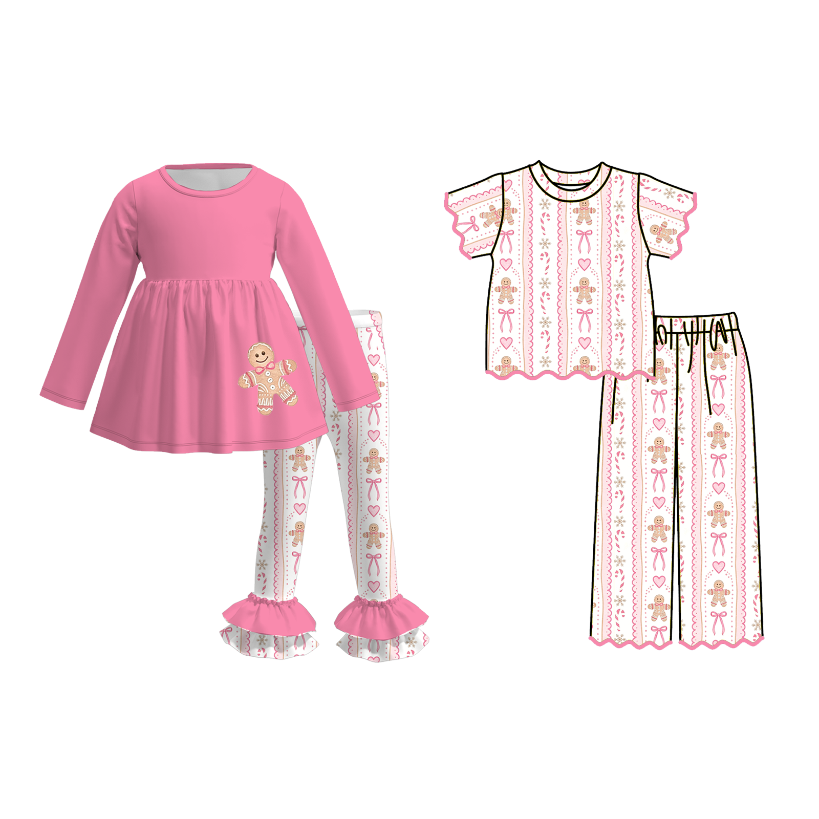 （Pre Order）Girls Christmas Gingerbread Applique Outfit Set&Scallop Set