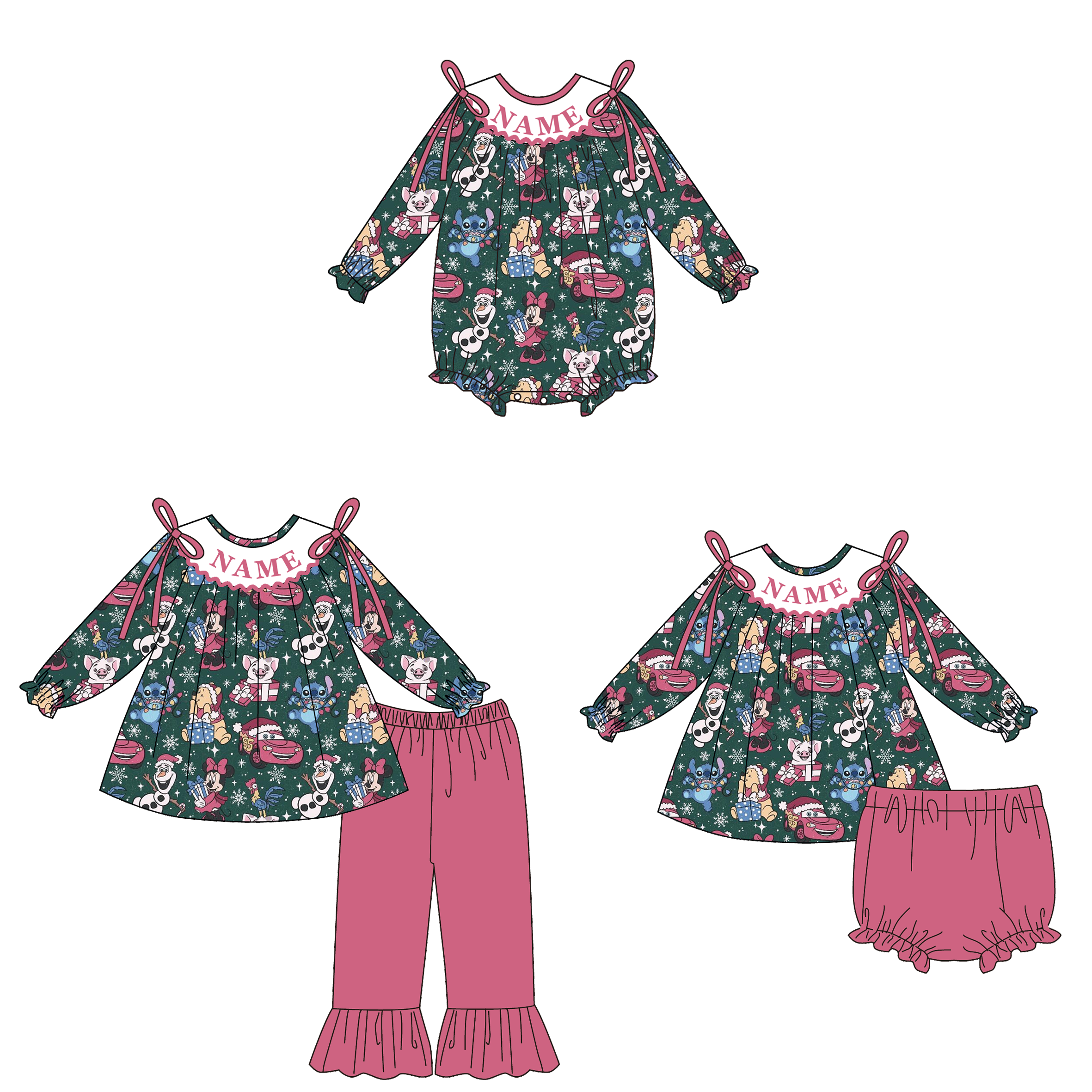 （Pre Order）Family Christmas Cartoon Embroidery Smocked Set&Romper