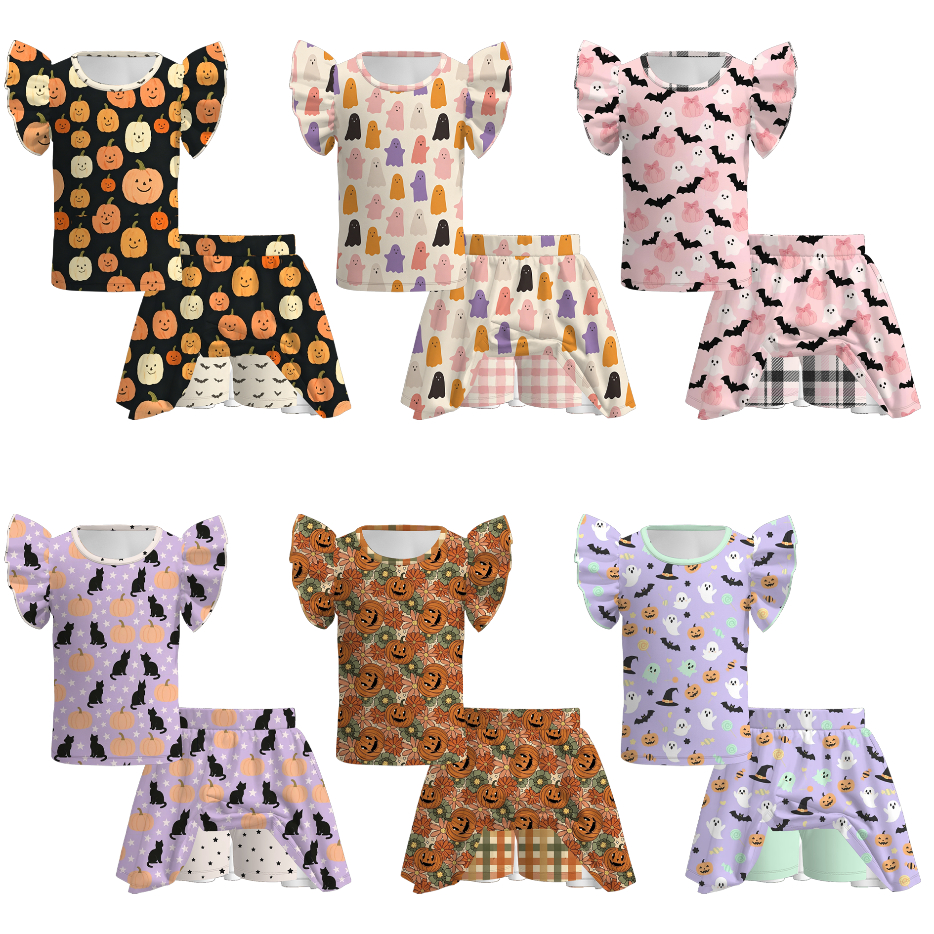 （Pre Order+Prepack Zone）Girls Halloween Pumpkin&Ghost Print Skort Set（Mix Size）